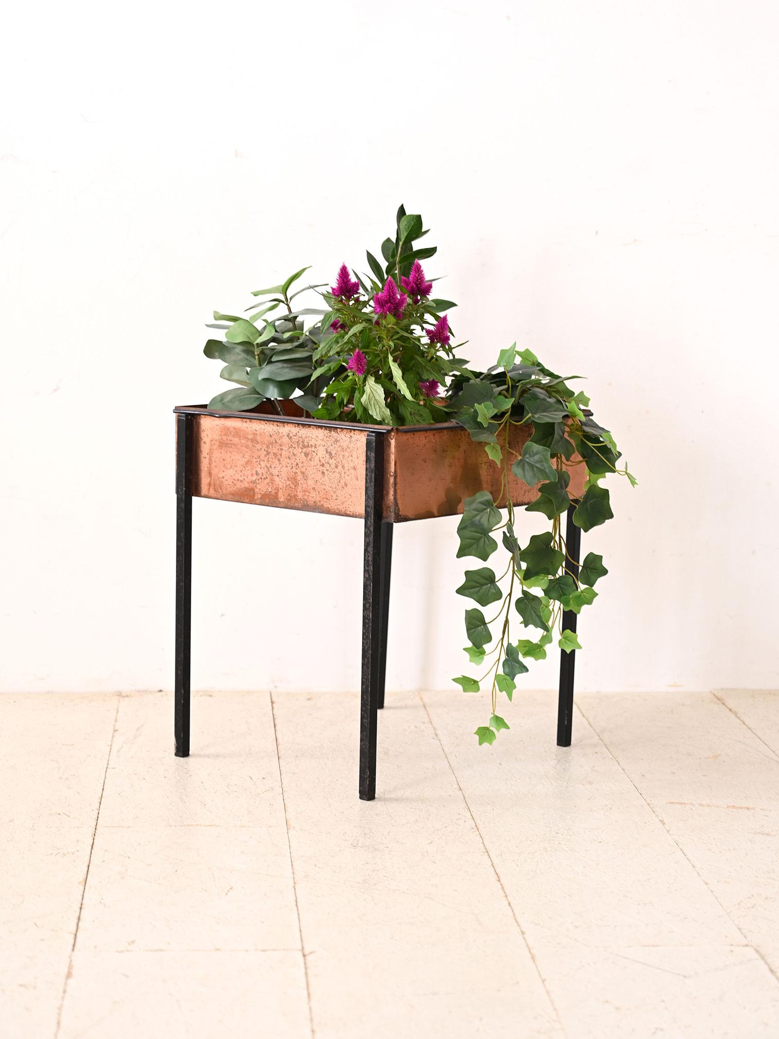 Fioriera vintage in metallo nero e rame.
Questa elegante fioriera vintage si distingue per il suo design moderno e originale, realizzato interamente in metallo. La base è costituita da quattro gambe in metallo nero, conferendo stabilità e un aspetto