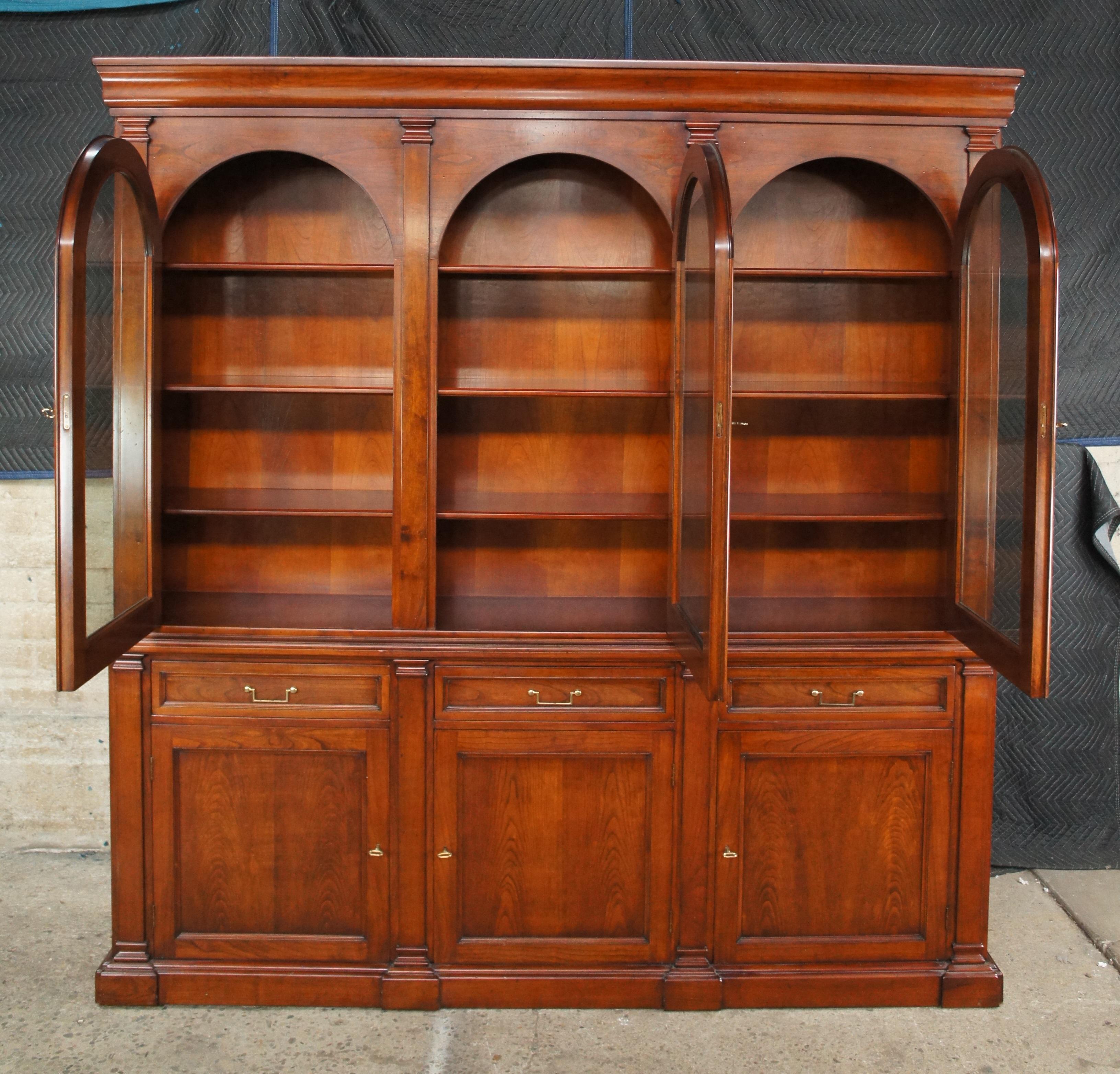 20th Century Fiorini Italian Neoclassical Cherry Arched Triple Bookcase China Display Cabinet For Sale
