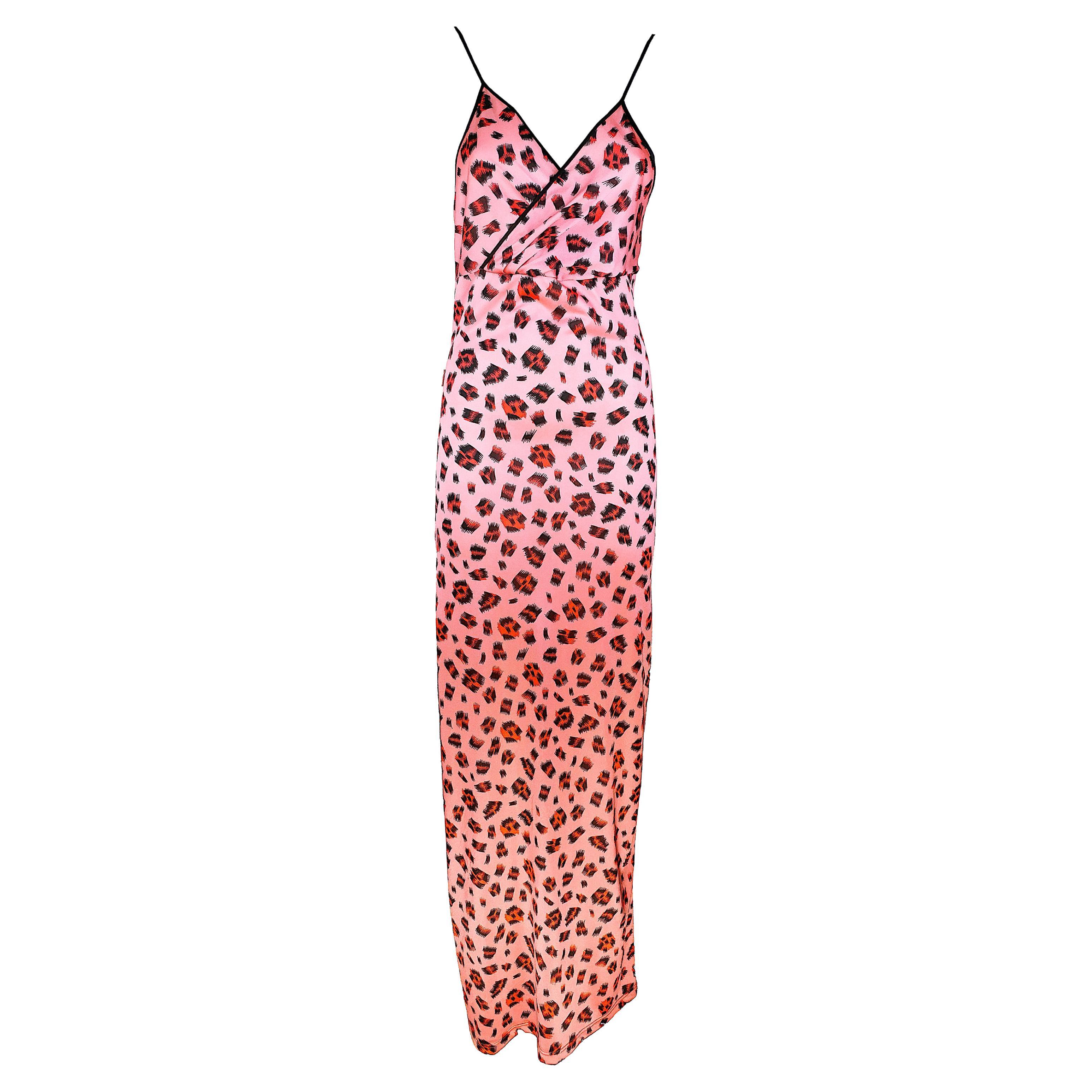 FIORUCCI – 80s Disco Vintage Pink Long Halter Dress with Leopard-Print  Size L