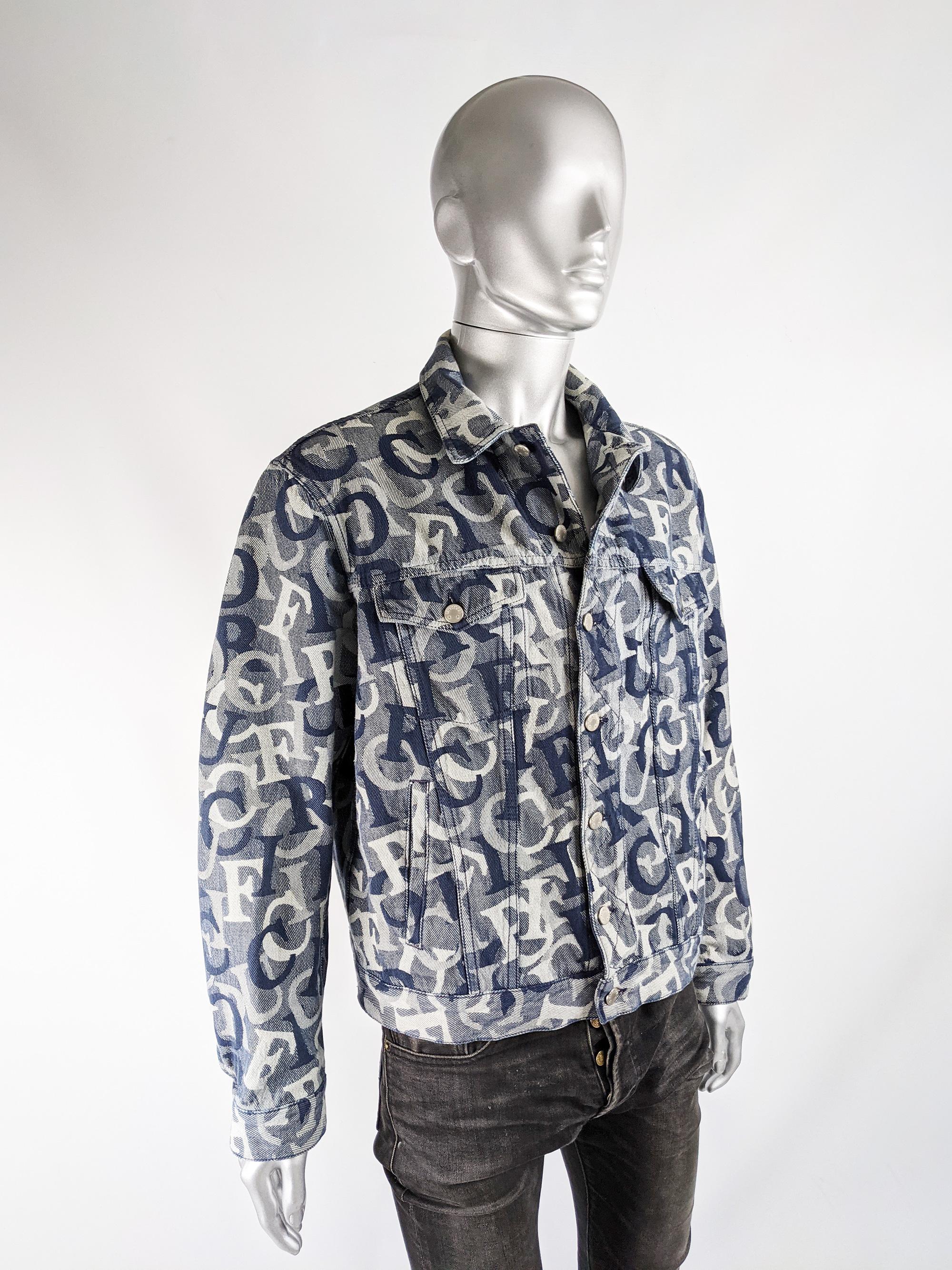 Gray Fiorucci Mens Vintage Spellout Blue Denim Jacket For Sale