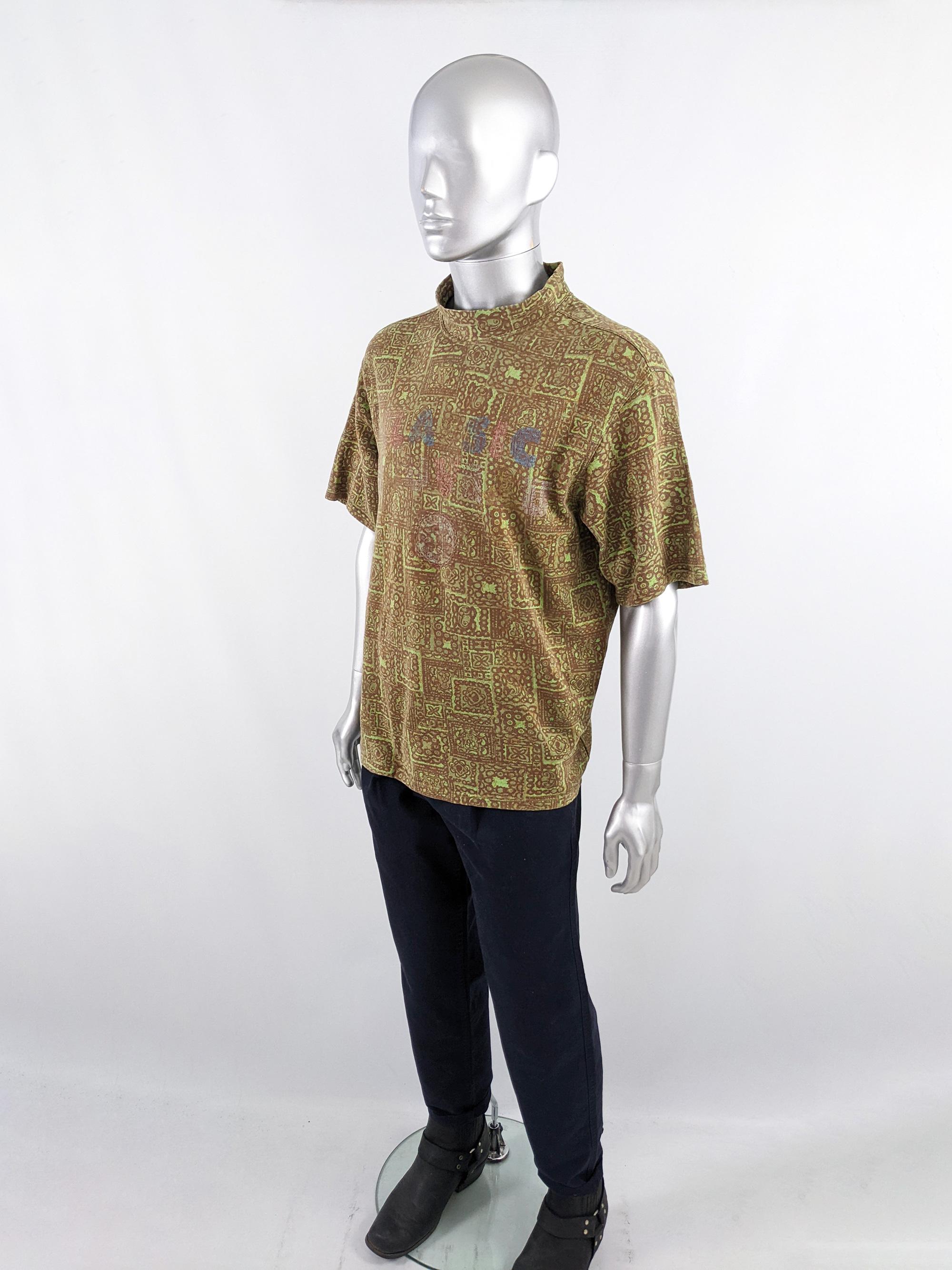 Men's Fiorucci Vintage 1980s Green & Brown Surfer Aztec TShirt Rave Tee Shirt For Sale
