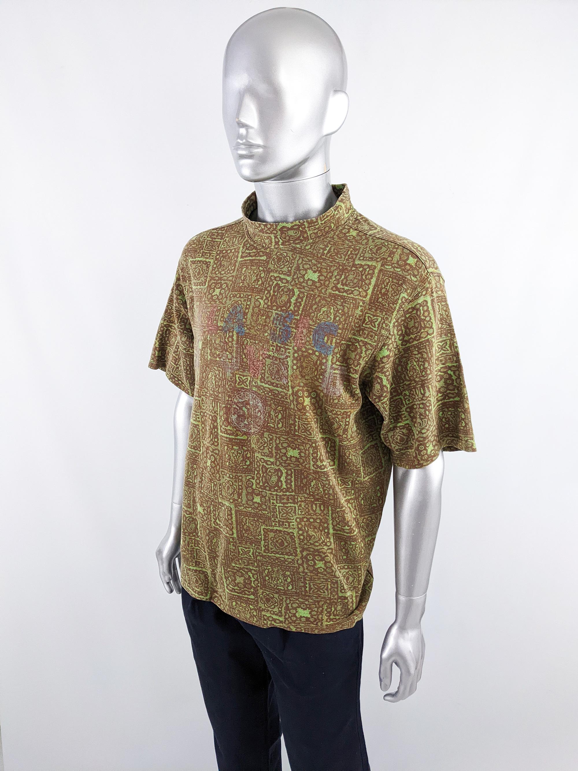 Fiorucci Vintage 1980s Green & Brown Surfer Aztec TShirt Rave Tee Shirt For Sale 1