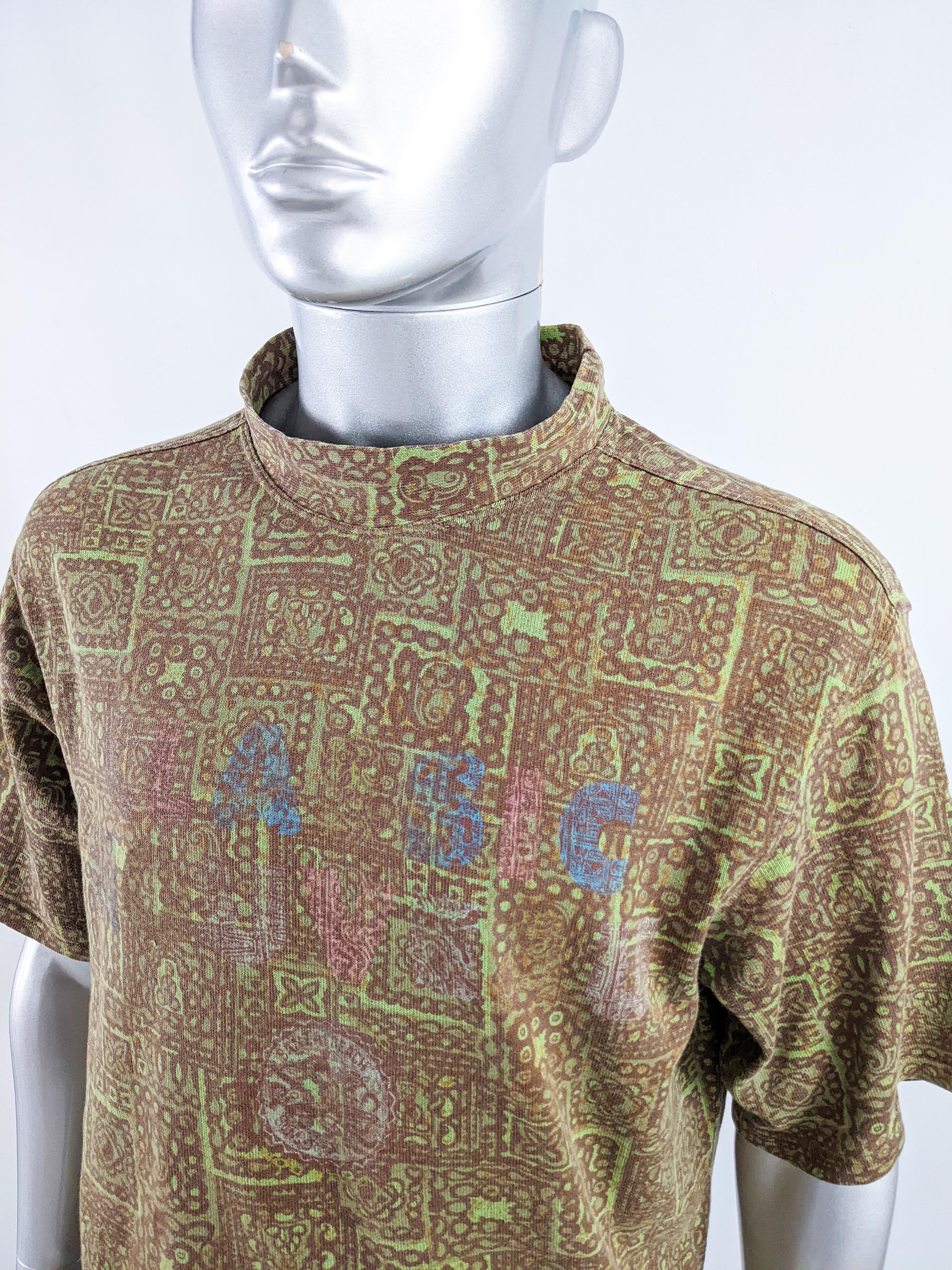 Fiorucci Vintage 1980s Green & Brown Surfer Aztec TShirt Rave Tee Shirt For Sale 2