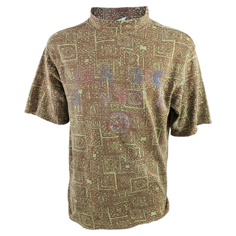 Fiorucci Vintage 1980s Green & Brown Surfer Aztec TShirt Rave Tee Shirt For Sale