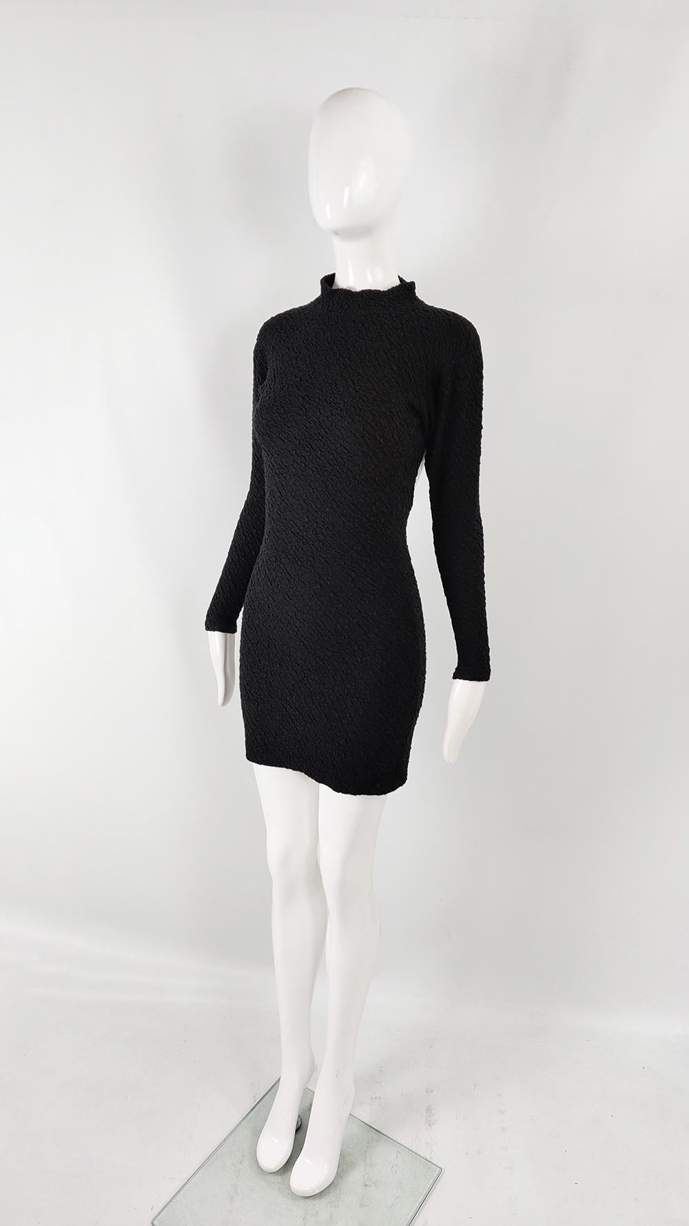 Fiorucci Vintage 80s Textured Black Cloqué Cut Out Backless Party Dress, 1980s In Good Condition For Sale In Doncaster, South Yorkshire