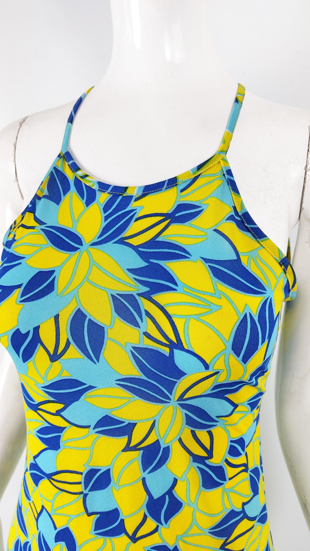 Fiorucci Vintage 90s Yellow & Blue Floral Maxi Halter Neck Slip Dress, 1990s In Excellent Condition For Sale In Doncaster, South Yorkshire