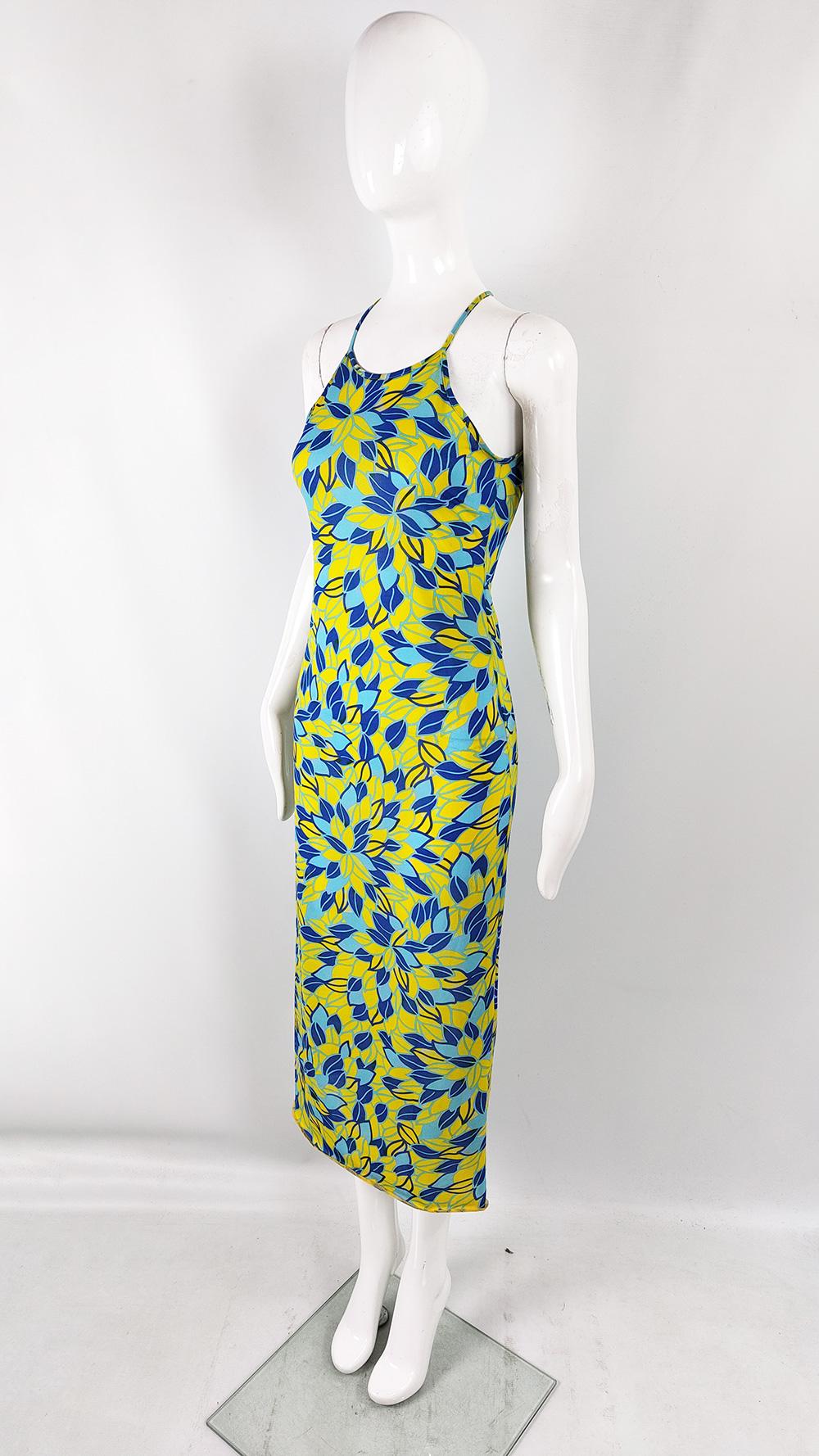 Women's Fiorucci Vintage 90s Yellow & Blue Floral Maxi Halter Neck Slip Dress, 1990s For Sale