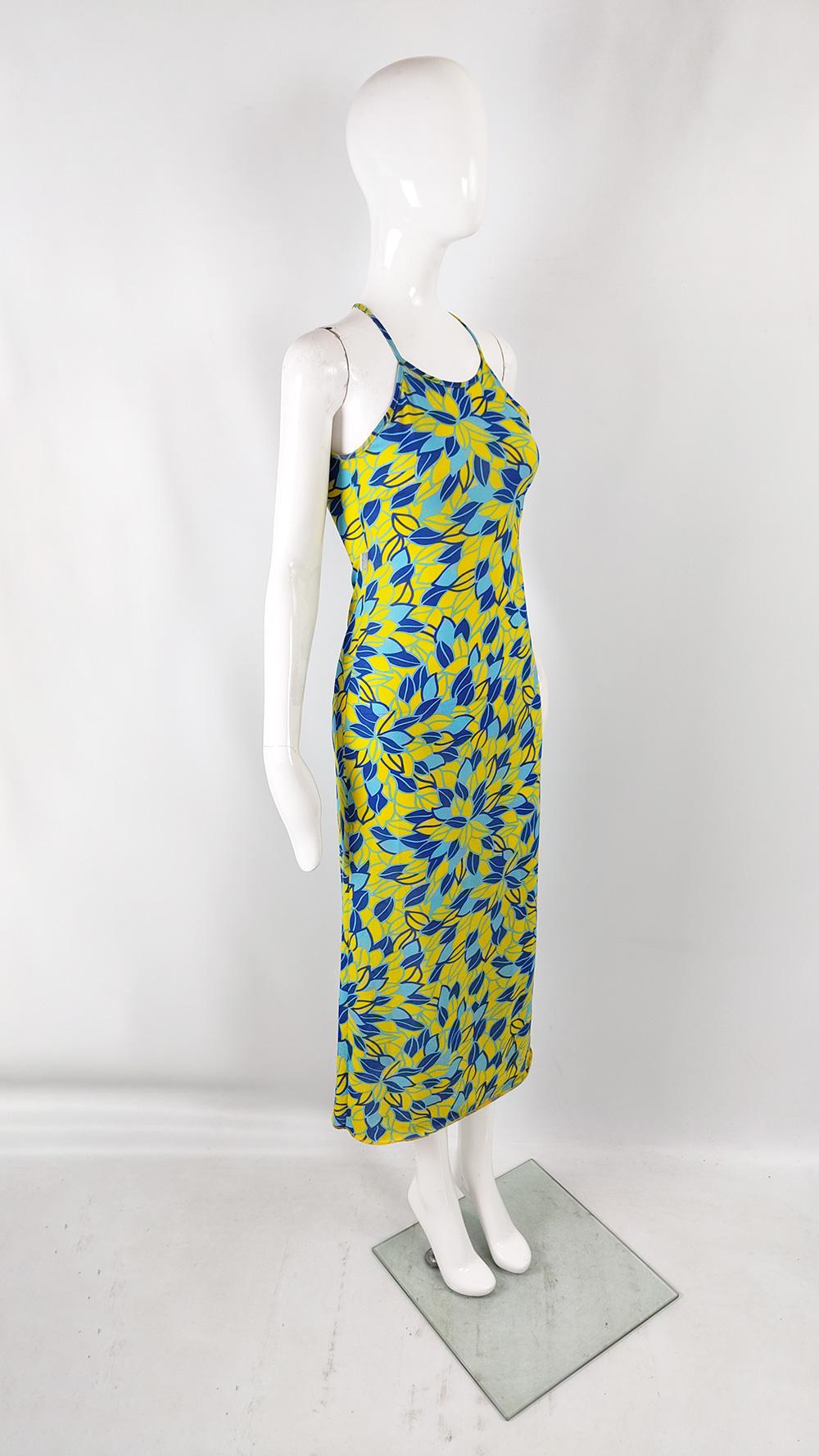 Fiorucci Vintage 90s Yellow & Blue Floral Maxi Halter Neck Slip Dress, 1990s For Sale 1