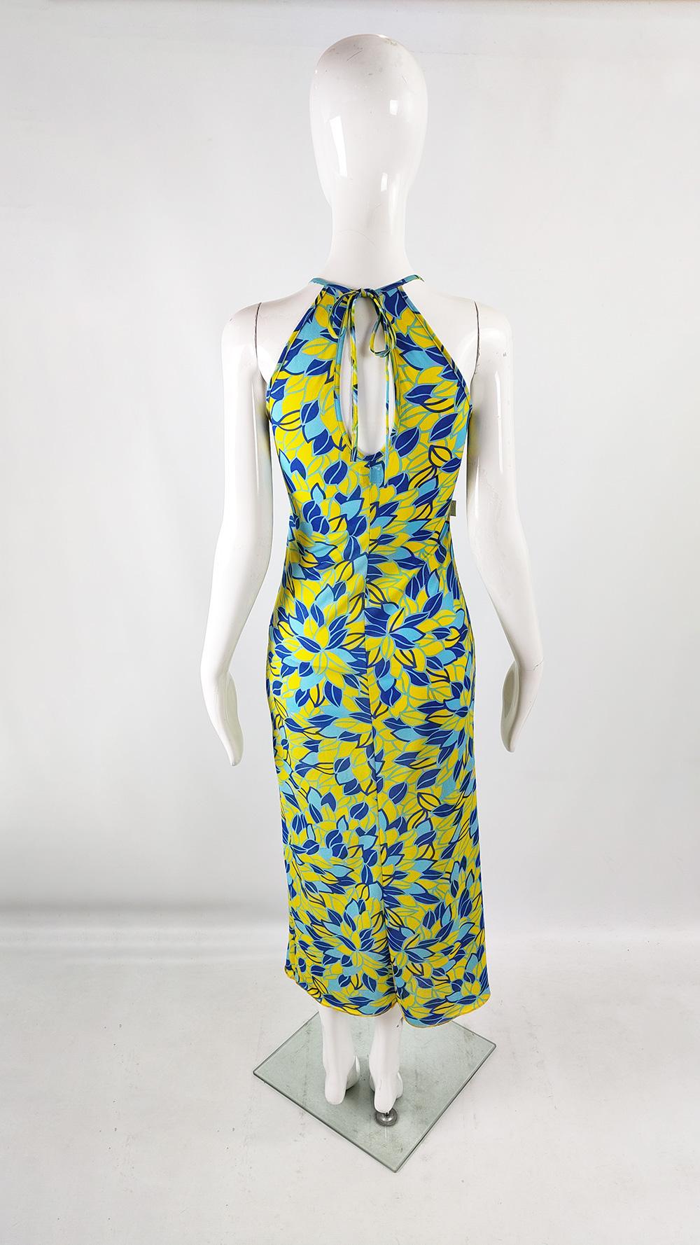 Fiorucci Vintage 90s Yellow & Blue Floral Maxi Halter Neck Slip Dress, 1990s For Sale 3