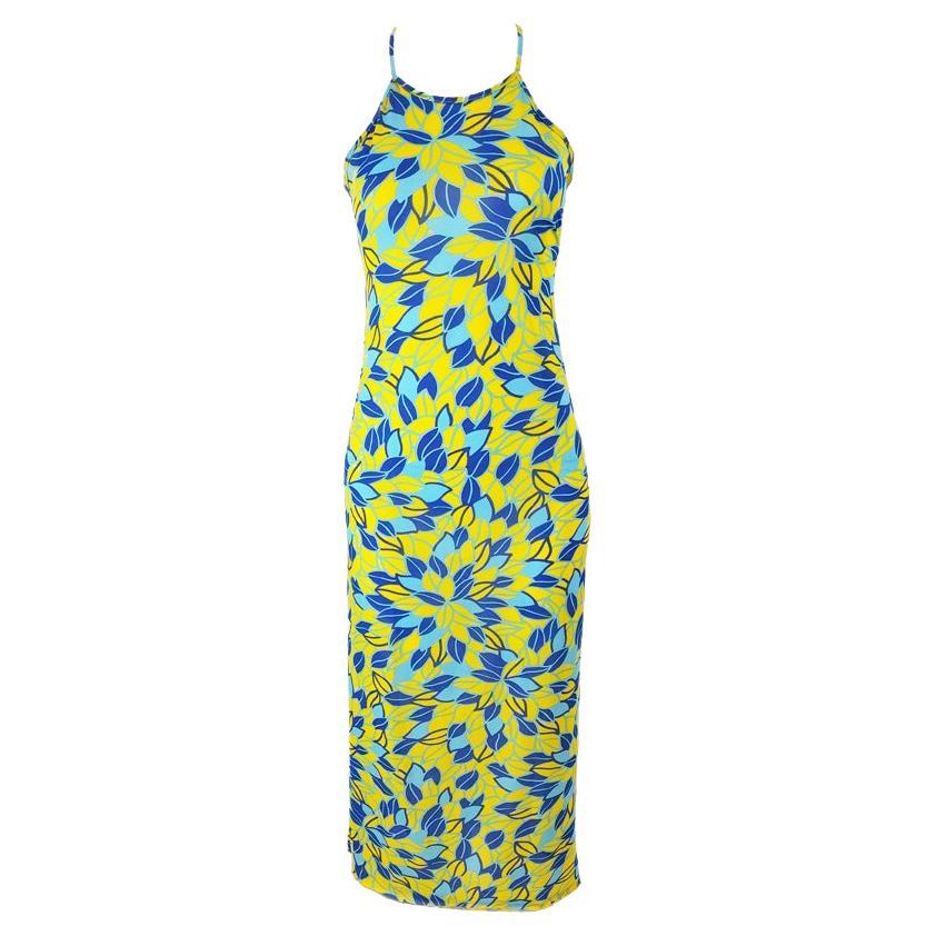 Fiorucci Vintage 90s Yellow & Blue Floral Maxi Halter Neck Slip Dress, 1990s For Sale