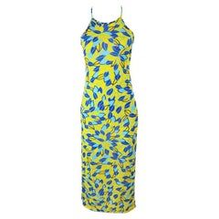 Fiorucci Vintage 90s Yellow & Blue Floral Maxi Halter Neck Slip Dress, 1990s