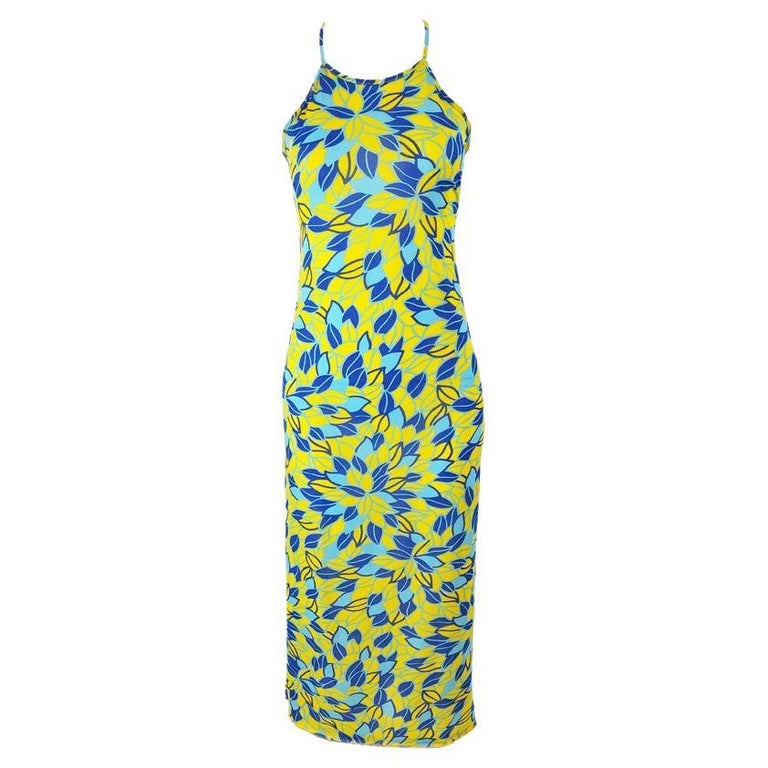 Fiorucci Vintage 90s Yellow and Blue Floral Maxi Halter Neck Slip Dress ...