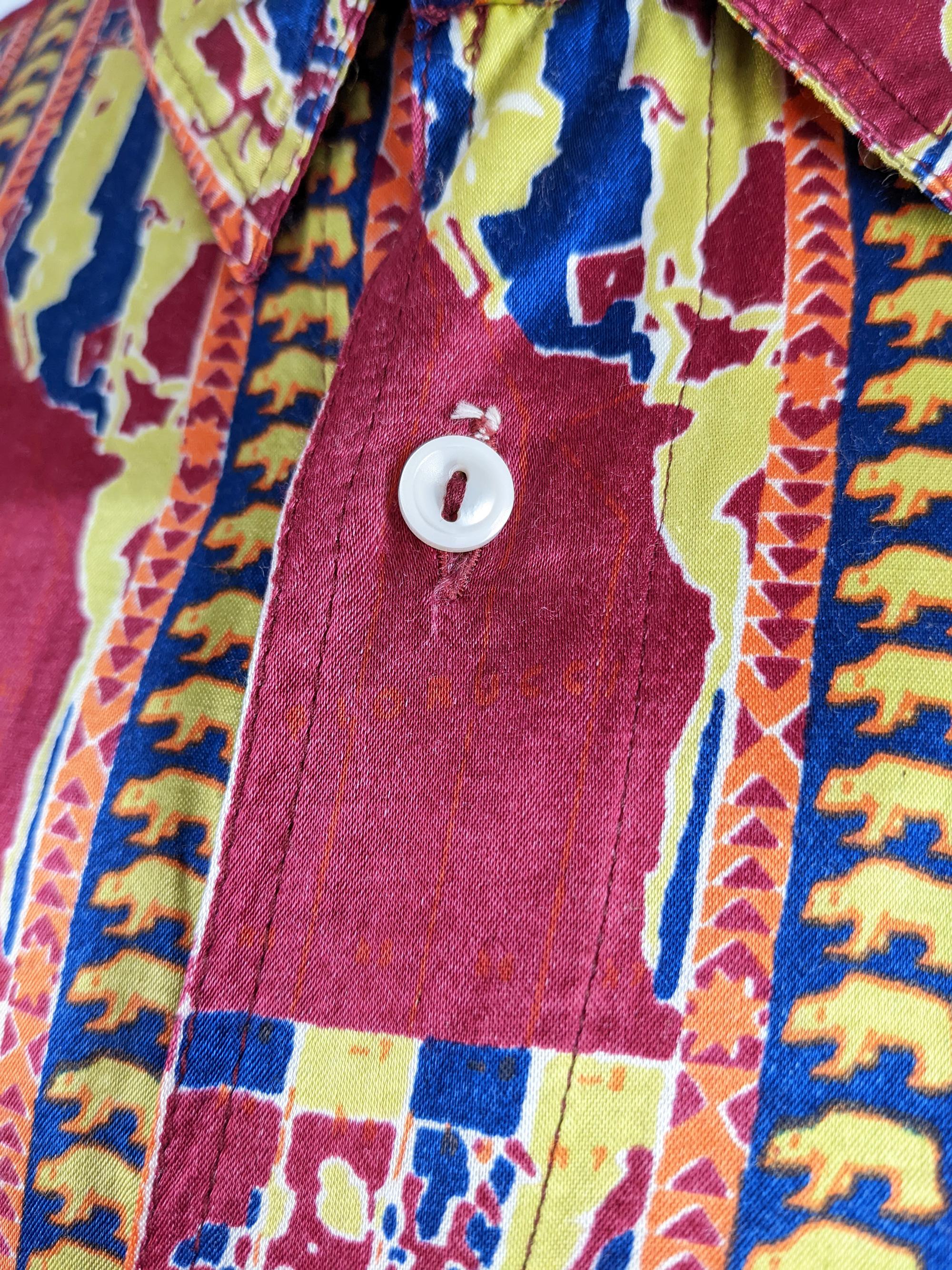 Brown Fiorucci Vintage Mens 1980s Red & Yellow Satin Long Sleeve Party Shirt