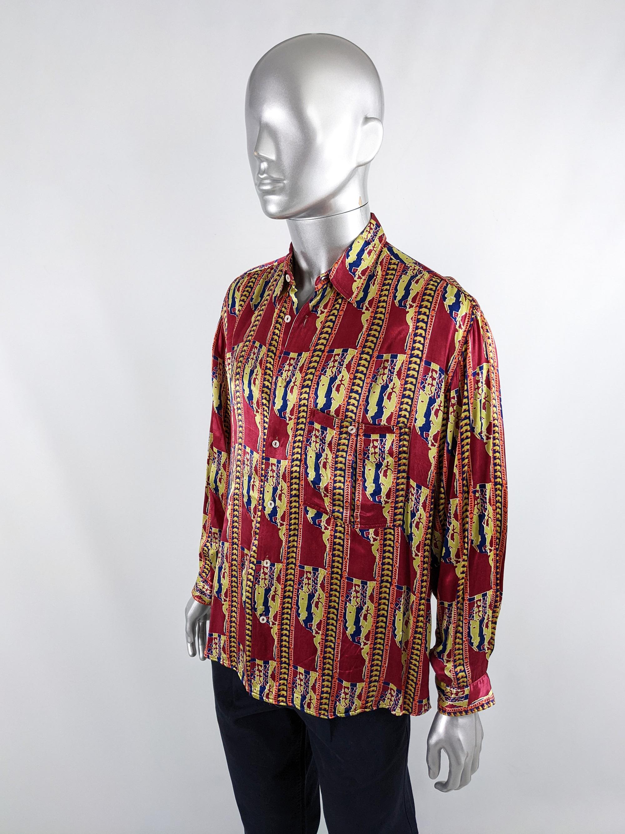 Fiorucci Vintage Mens 1980s Red & Yellow Satin Long Sleeve Party Shirt In Excellent Condition In Doncaster, South Yorkshire