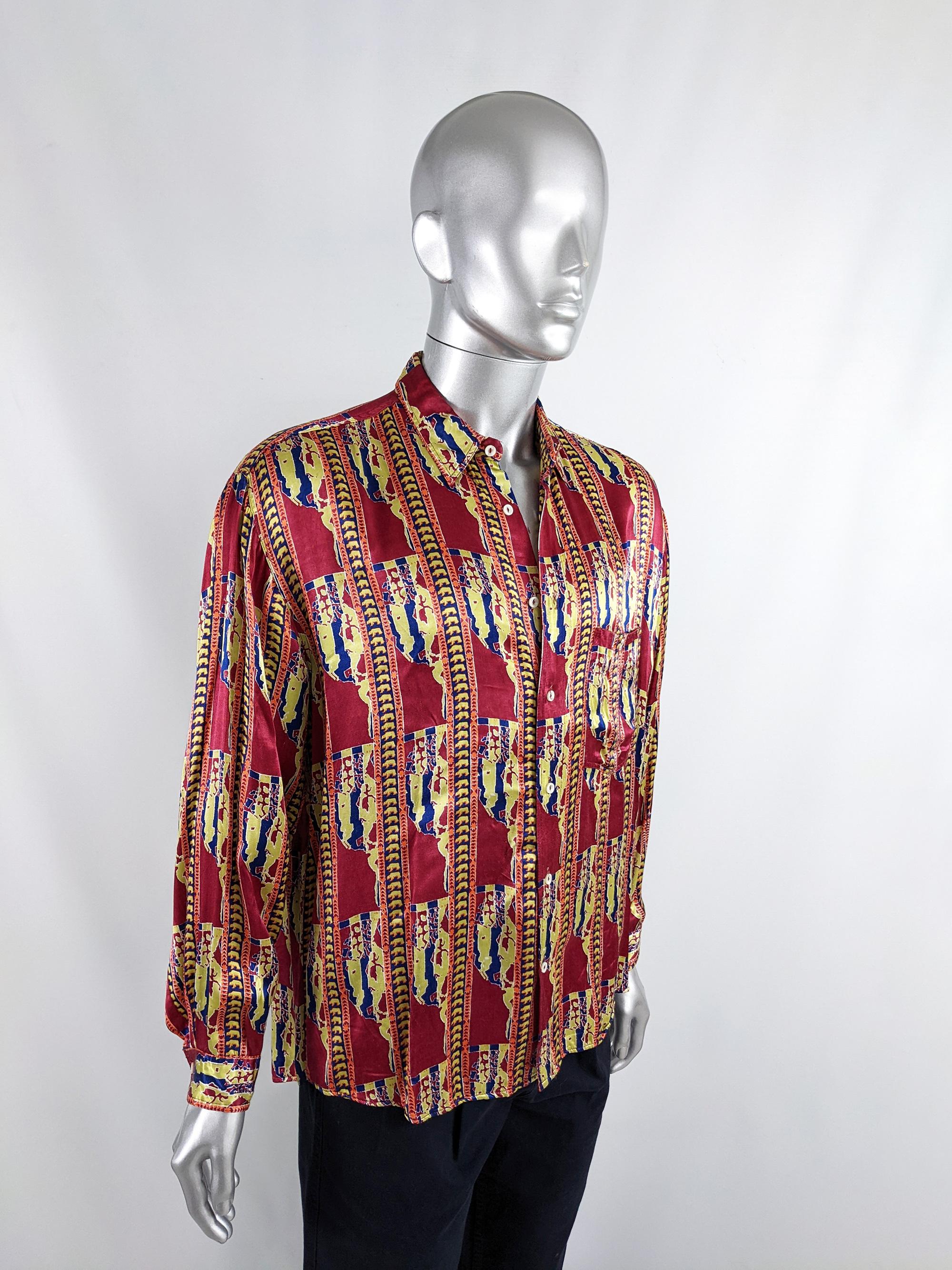 Fiorucci Vintage Mens 1980s Red & Yellow Satin Long Sleeve Party Shirt 1