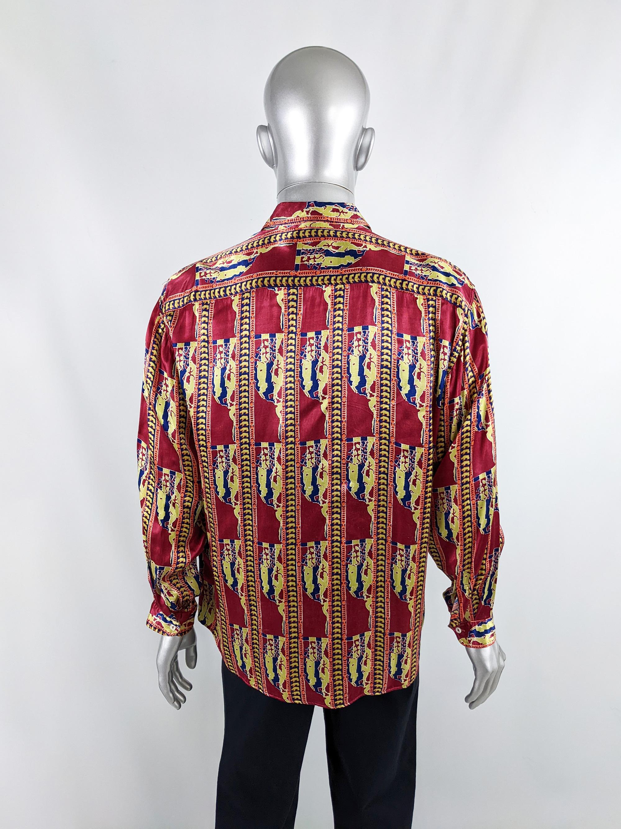 Fiorucci Vintage Mens 1980s Red & Yellow Satin Long Sleeve Party Shirt 2