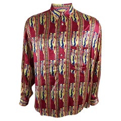 Fiorucci Vintage Mens 1980s Red & Yellow Satin Long Sleeve Party Shirt