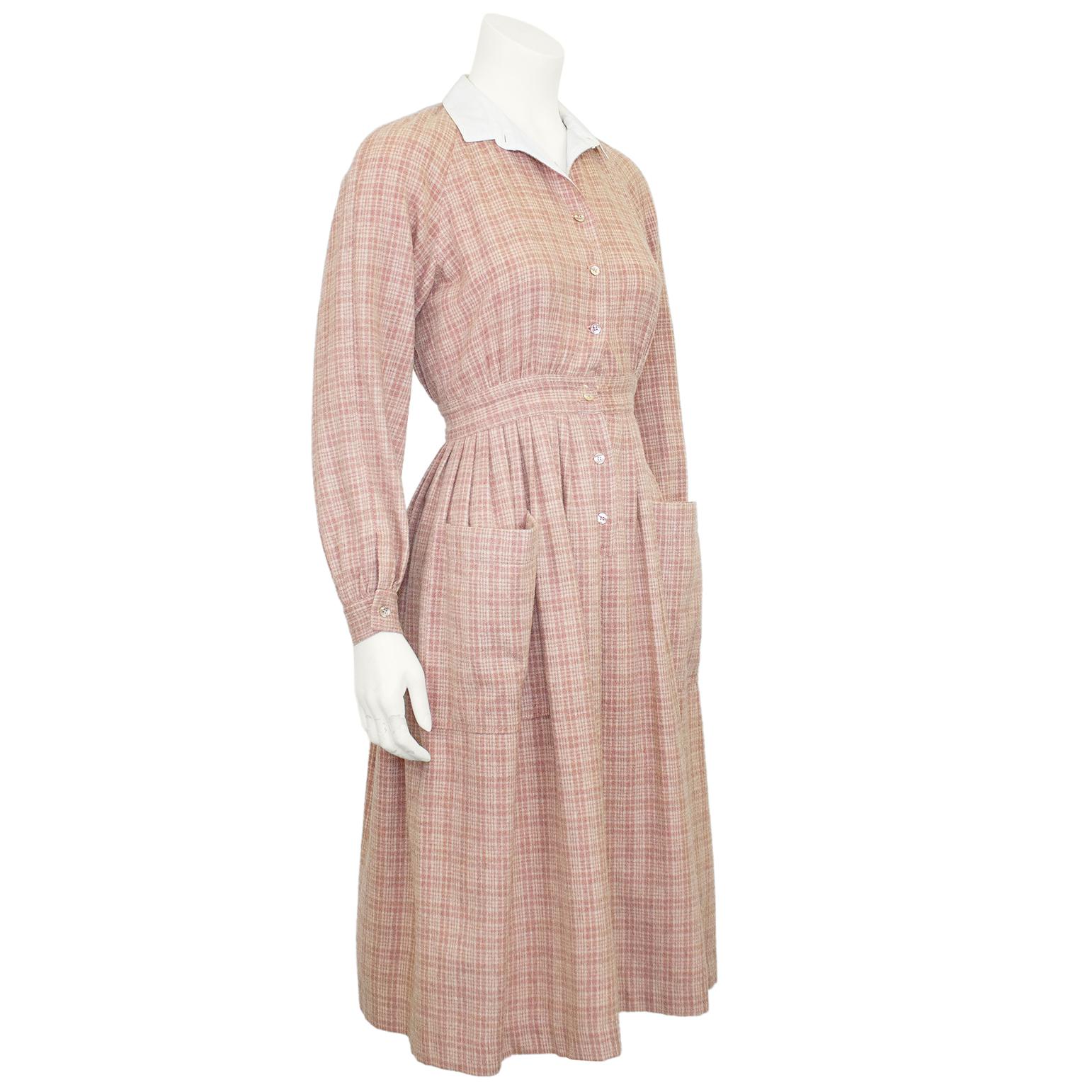 Vintage Fiorucci pink wool plaid shirt dress with white cotton collar. Fiorucci was the hottest new brand in London in the early 12970's, following in the footsteps of Biba where affordable fashion was in full swing. Subtle pink and off white plaid