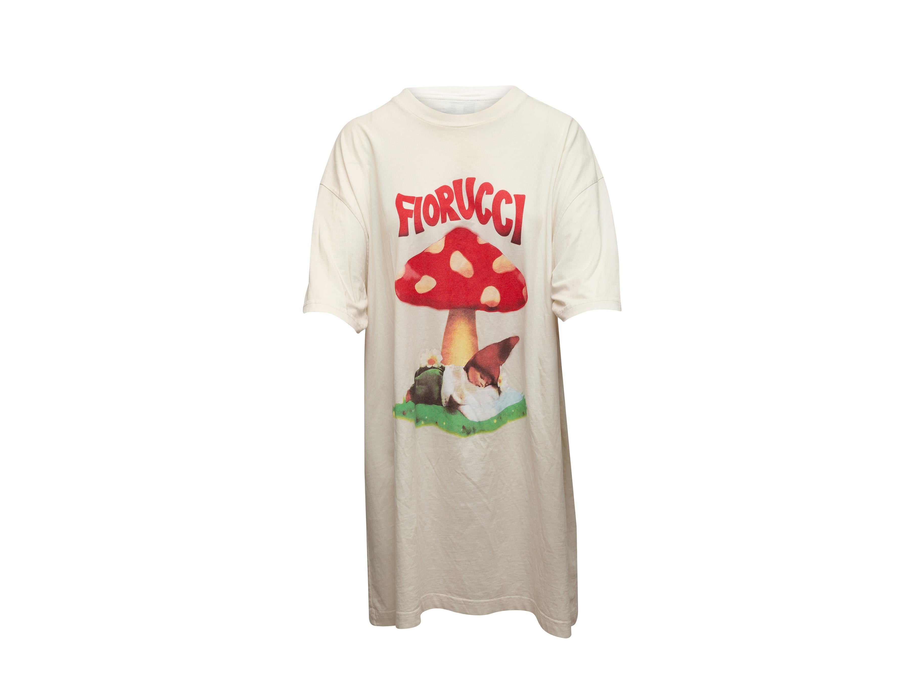Product details: White and multicolor mushroom print graphic T-shirt by Fiorucci. Crew neck. Short sleeves. 48