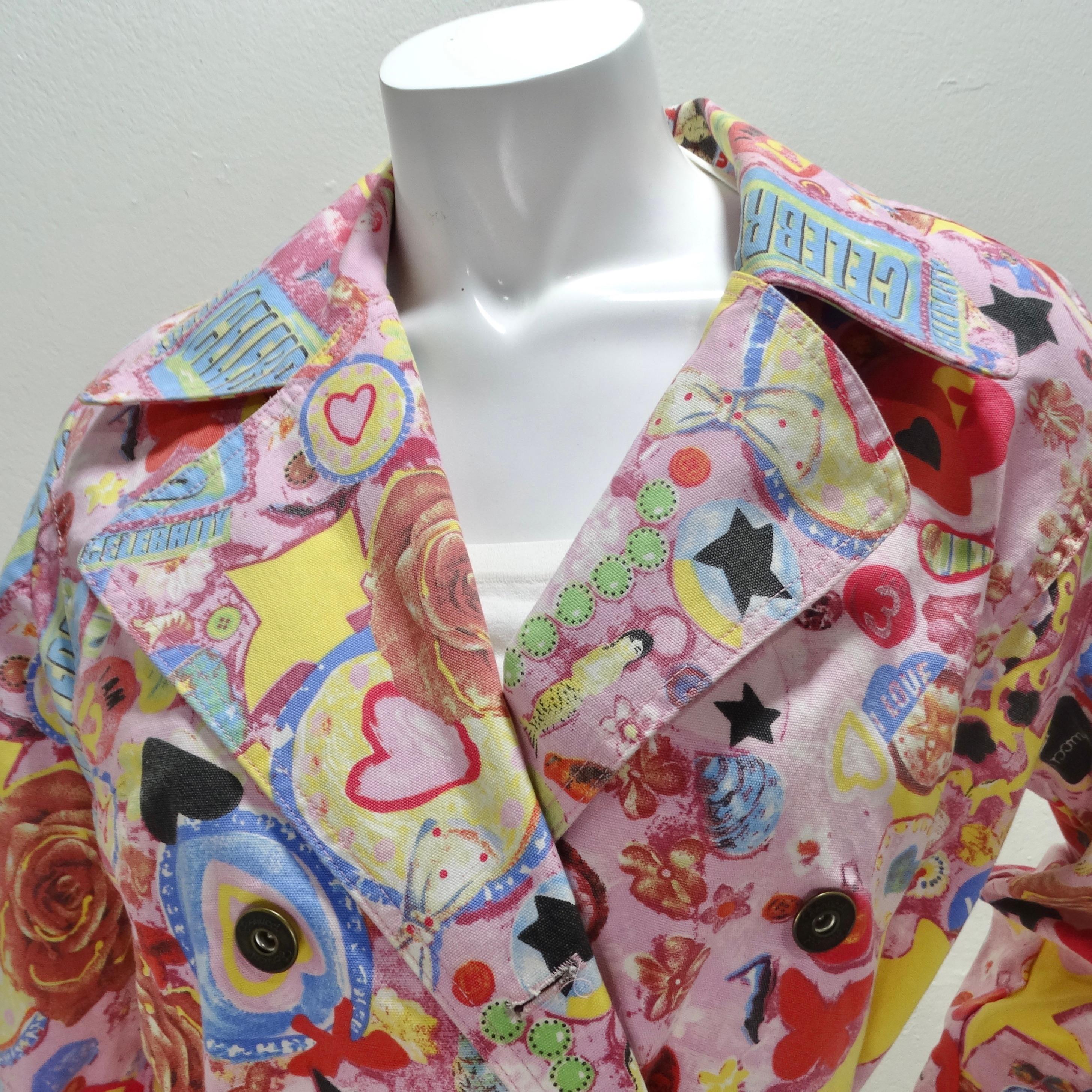 Do not miss out on a trench coat that's not just an outerwear, but a work of art - the Fiorucci Y2K Multicolor Graphic Printed Trench Coat in playful pink. This trench coat features a collar, buttons down the front, adjustable buckles at the
