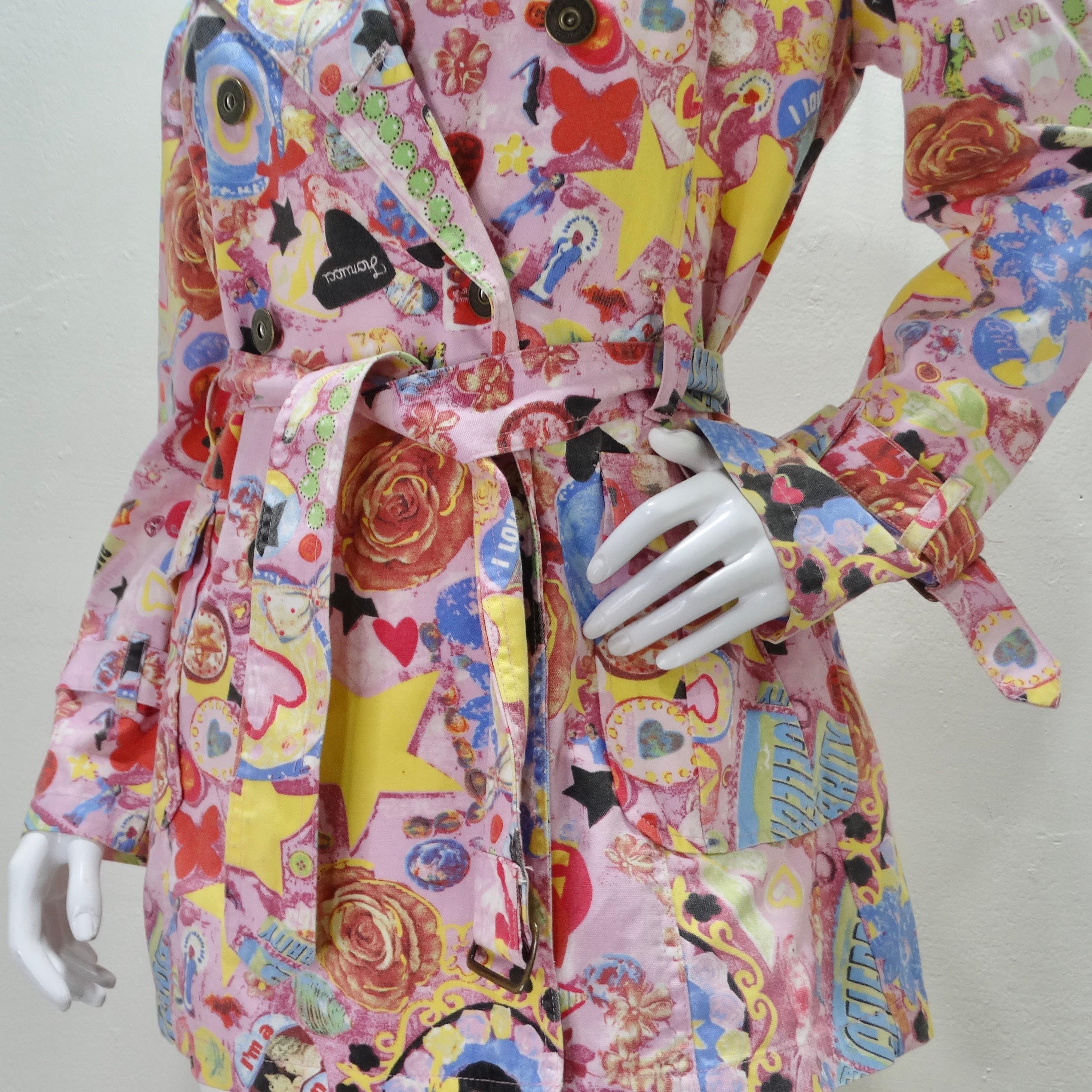 Fiorucci Y2K Multicolor Graphic Printed Trench Coat In Excellent Condition In Scottsdale, AZ