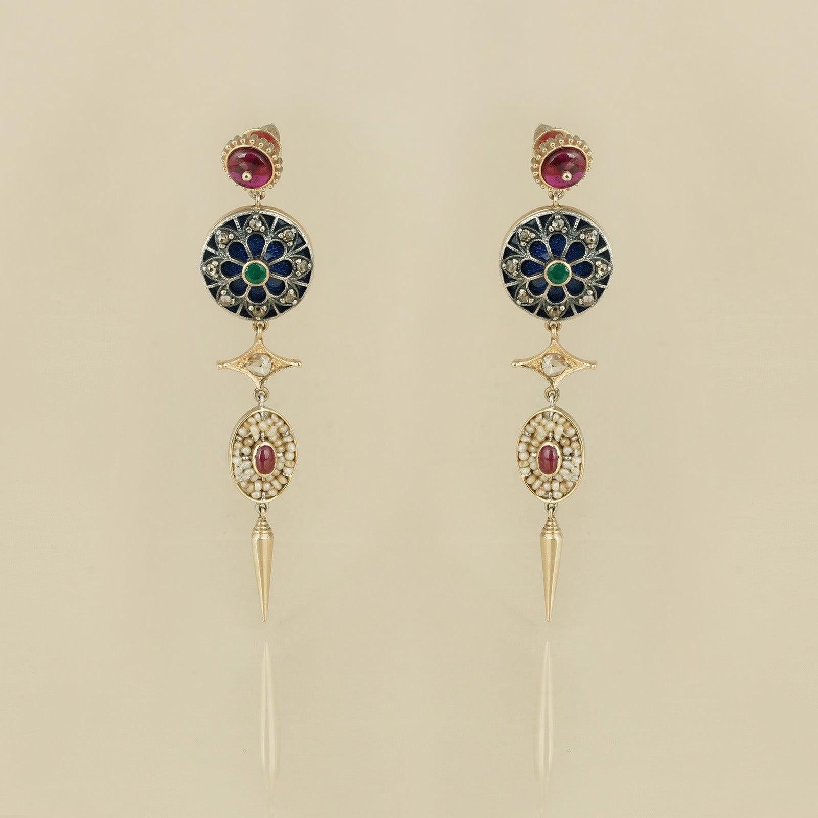 Rose Cut Moi Firdos Pearl Ruby and Gold Earrings For Sale