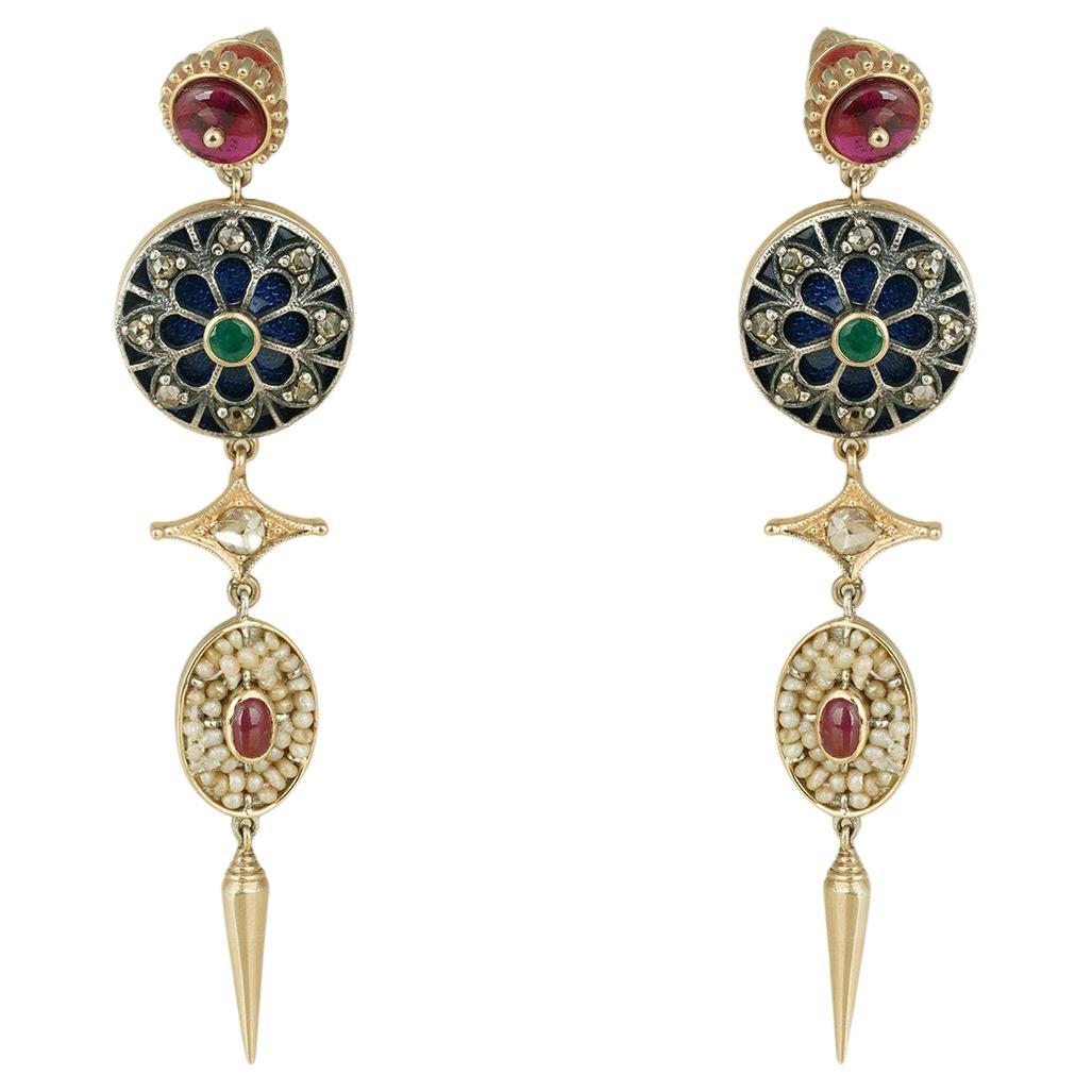 Moi Firdos Pearl Ruby and Gold Earrings For Sale