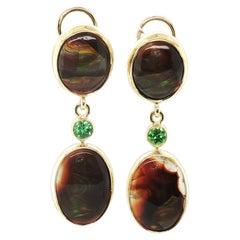 Fire Agate Cabochon Bezel Set Tsavorite Garnet Dangle Earrings 18k Yellow Gold