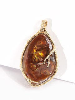Fire Agate Gold Pendant Brownish Red Volcanic Lava Natural Mexican Stone Unisex