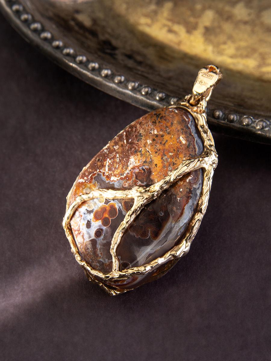 Pendentif en or avec agate de feu et pierre naturelle mexicaine volcanique rouge brunâtre, unisexe en vente 2