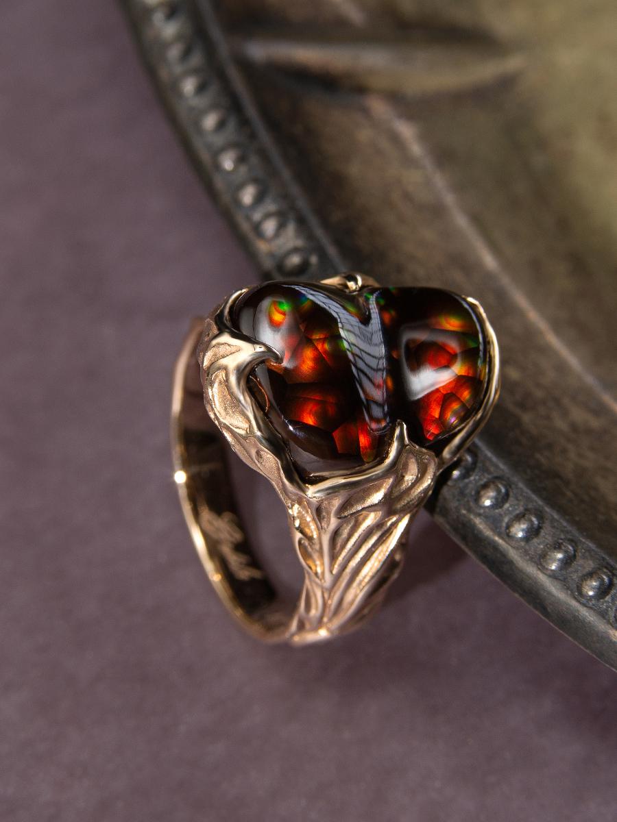 Fire Agate gold ring Rainbow Mexican Agate 9 carats gemstone unisex For Sale 6