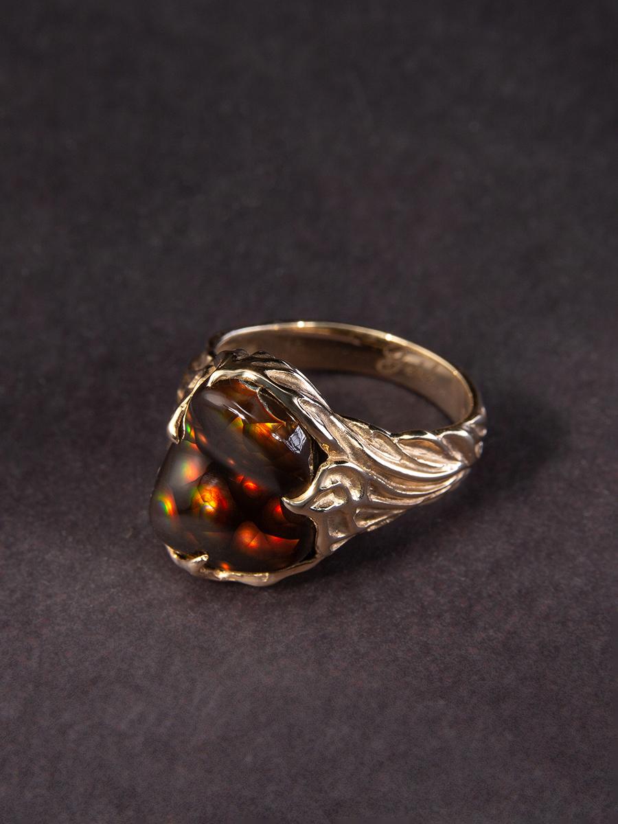 Fire Agate gold ring Rainbow Mexican Agate 9 carats gemstone unisex For Sale 7