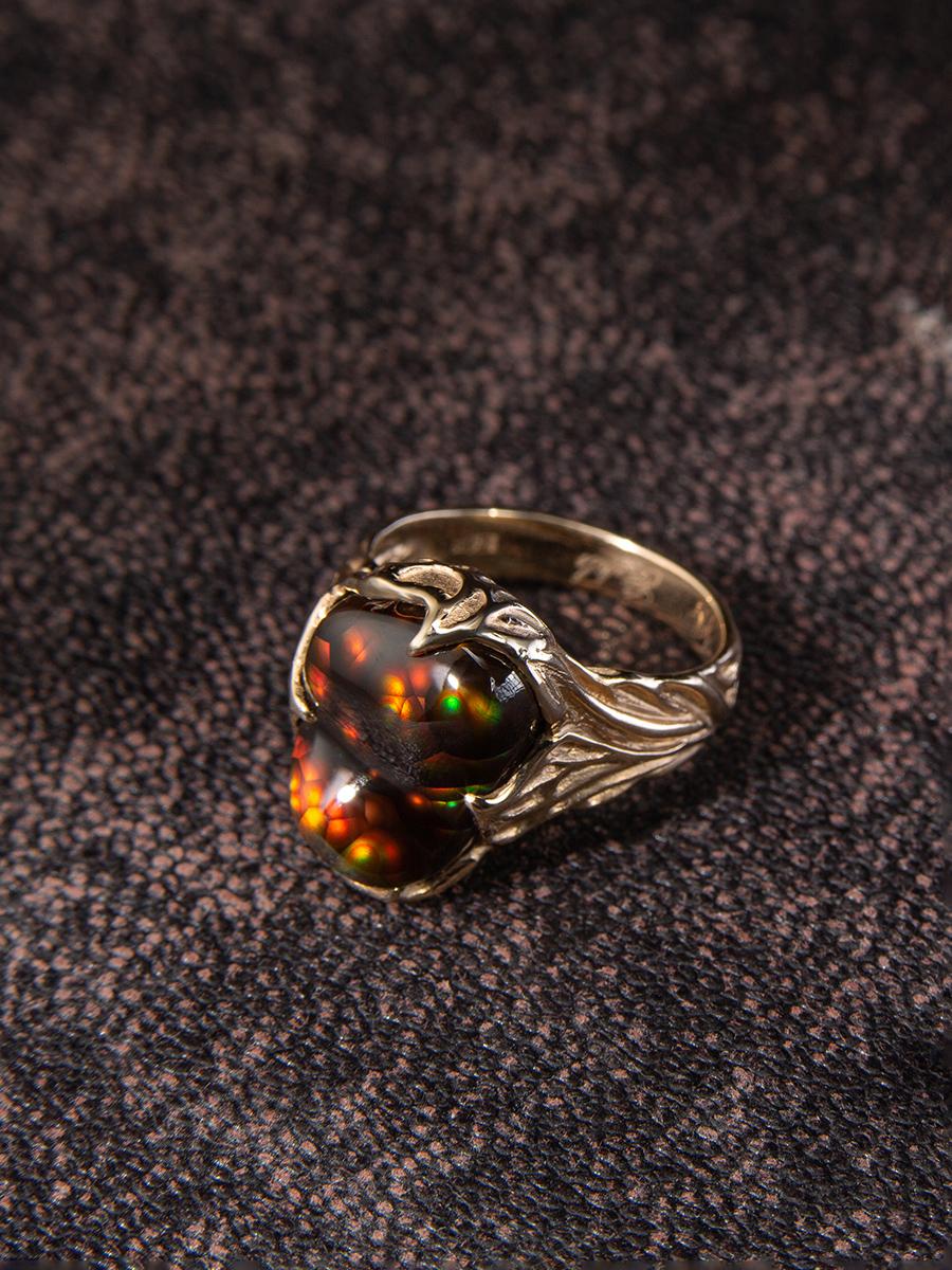 Fire Agate gold ring Rainbow Mexican Agate 9 carats gemstone unisex For Sale 8