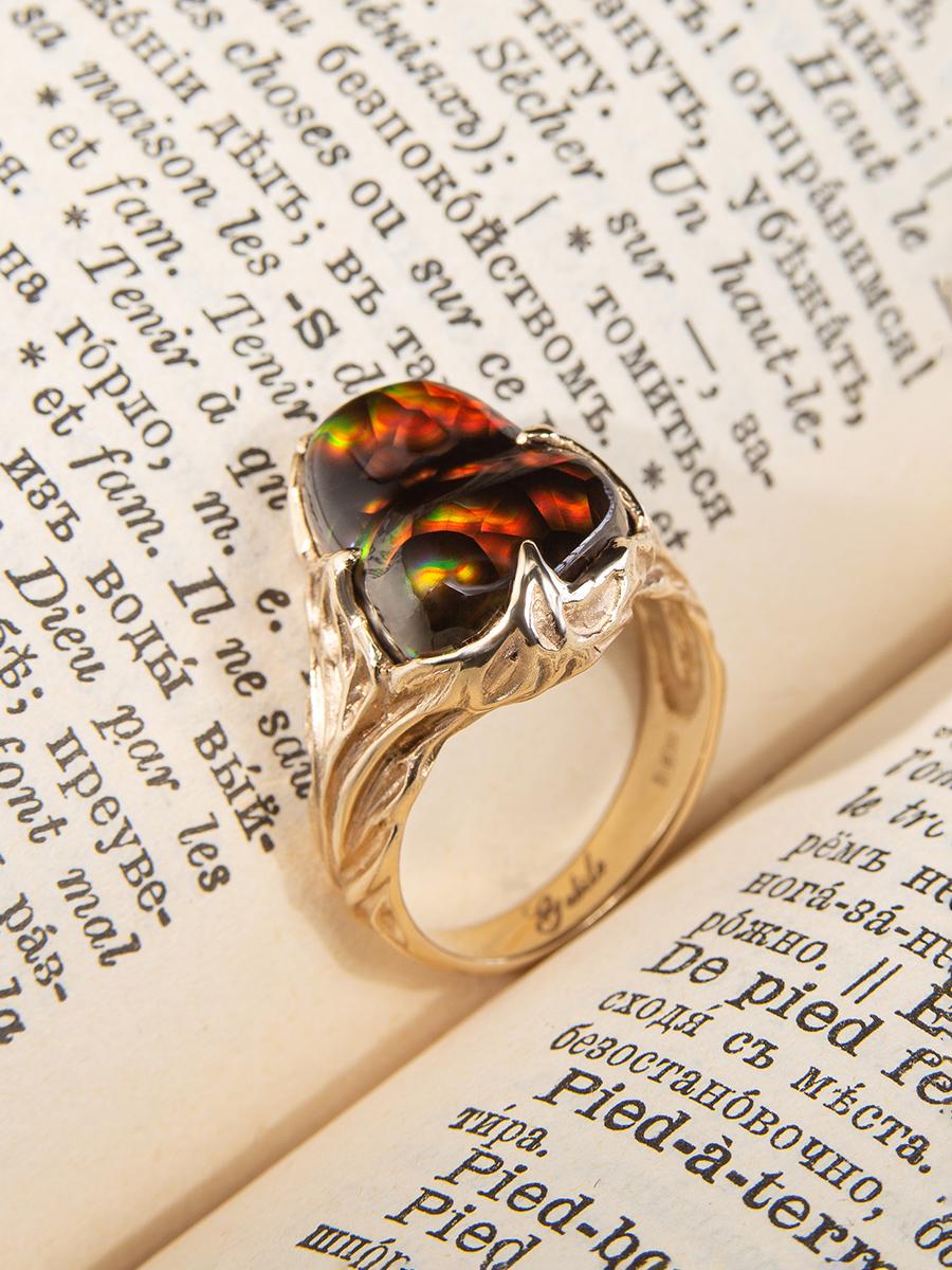 Fire Agate gold ring Rainbow Mexican Agate 9 carats gemstone unisex For Sale 2