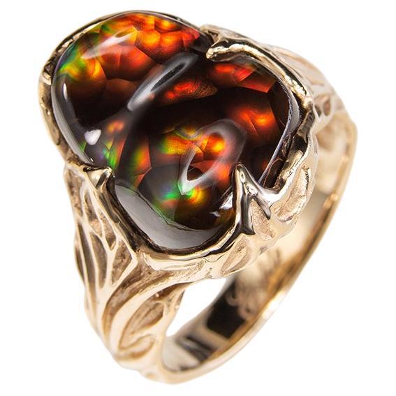 Feuer Achat Goldring Regenbogen Mexikanischer Achat 9 Karat Edelstein Unisex im Angebot