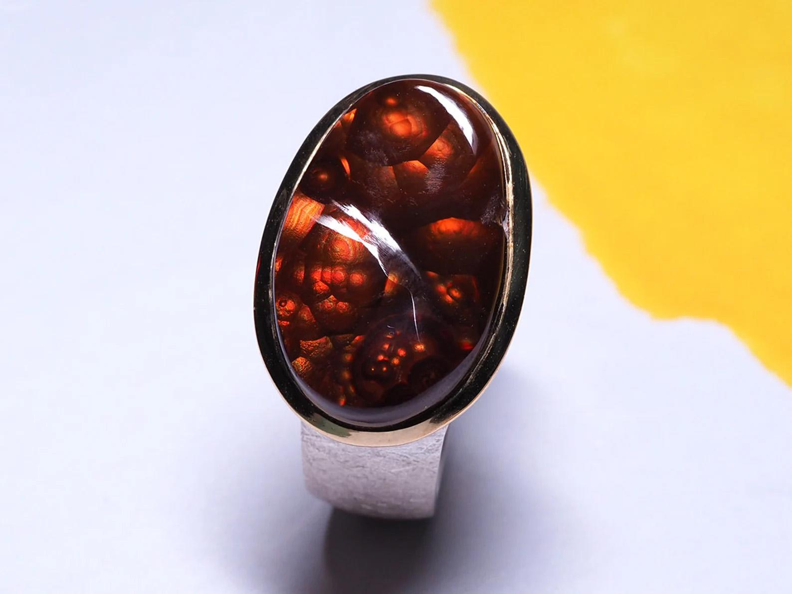 Oval Cut Fire Agate Scratched Silver Ring Natural Mexican Patterned Luminous Red Gemstone For Sale