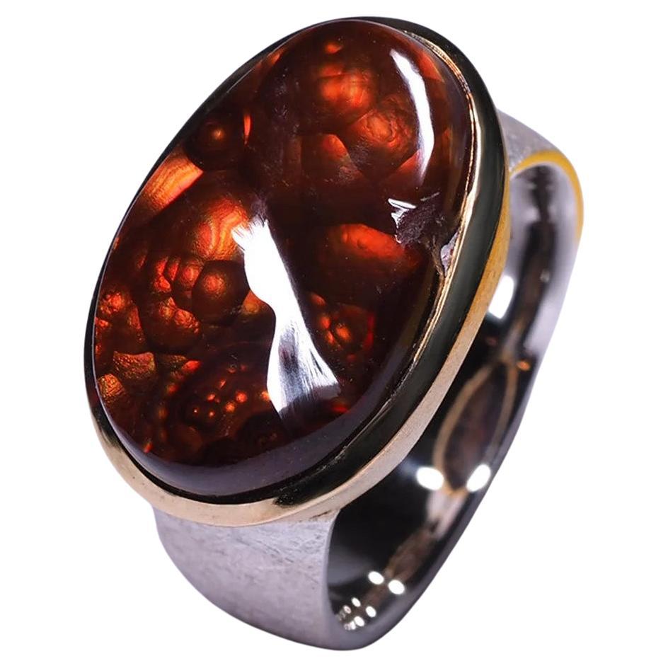Fire Agate Scratched Silver Ring Natural Mexican Patterned Luminous Red Gemstone For Sale