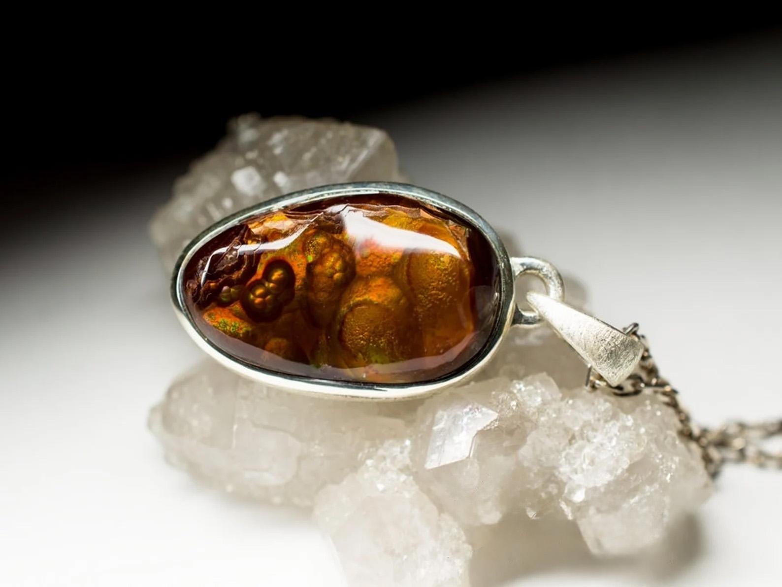 Ciondolo d'argento di agata di fuoco marrone, pietra preziosa messicana autentica, gioielli unisex in vendita 1