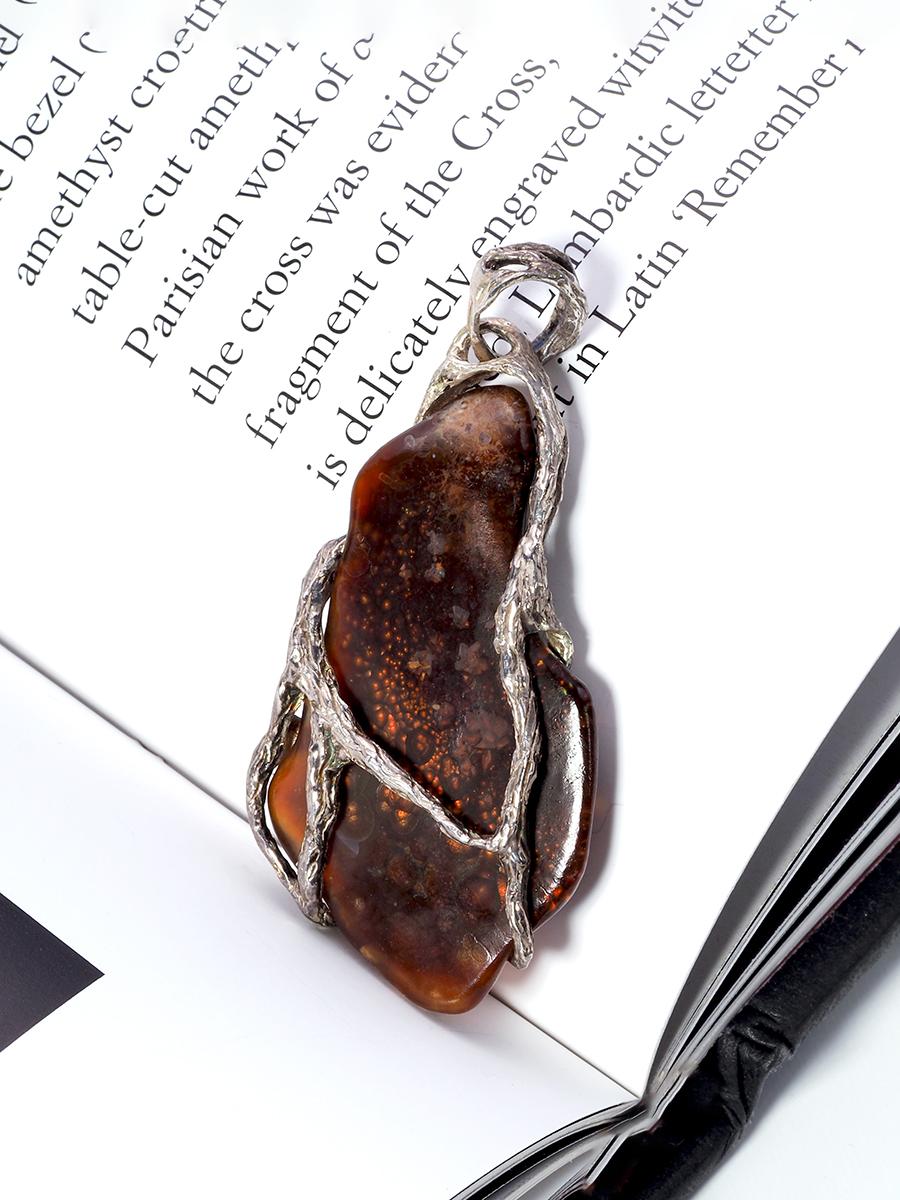 Fire Agate Silver Pendant Terracotta Red Raw Uncut Natural In New Condition For Sale In Berlin, DE