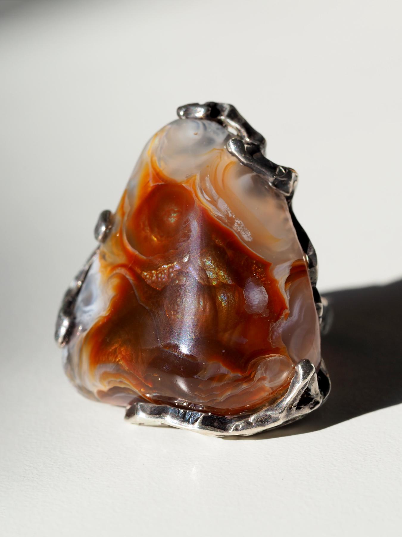 Feuerachat Statement Silber Ring Vintage Style Brauner Edelstein Schmuck Geschenk im Angebot 4