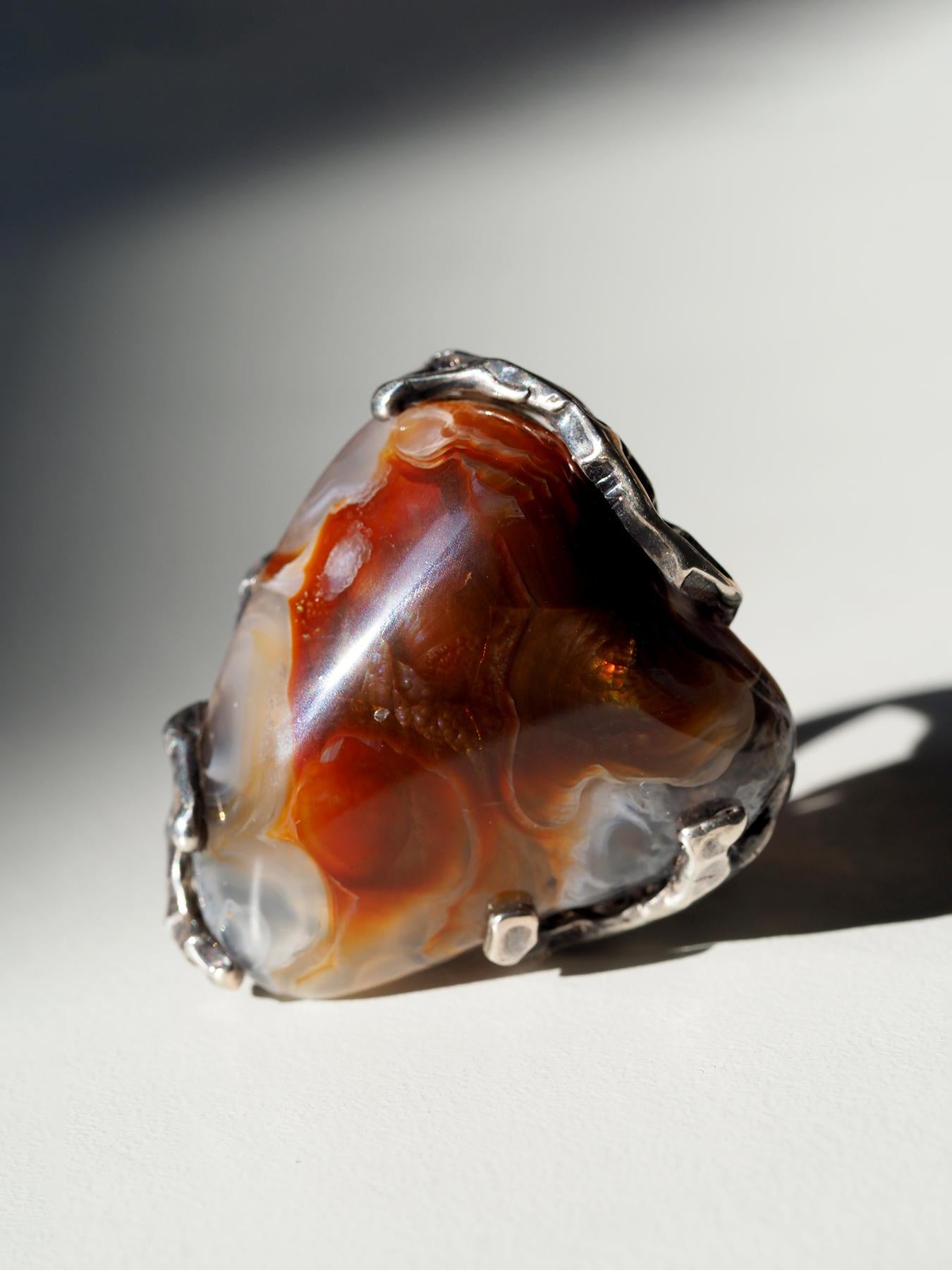 Feuerachat Statement Silber Ring Vintage Style Brauner Edelstein Schmuck Geschenk im Angebot 5