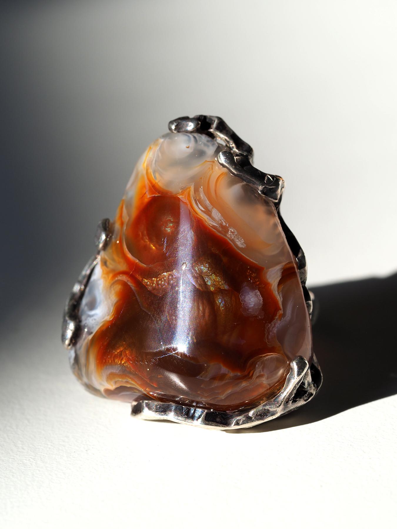 Feuerachat Statement Silber Ring Vintage Style Brauner Edelstein Schmuck Geschenk im Angebot 6