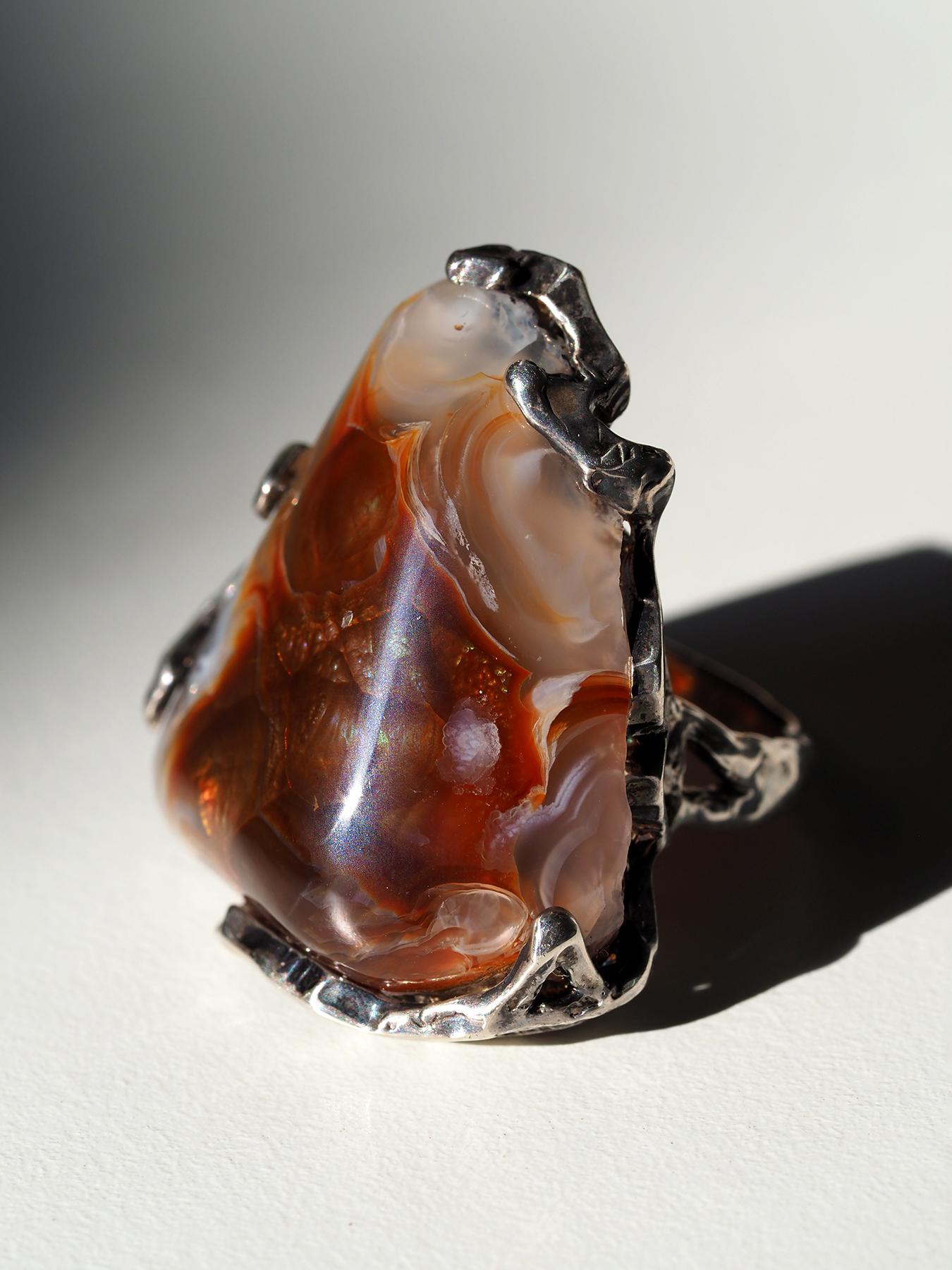 Feuerachat Statement Silber Ring Vintage Style Brauner Edelstein Schmuck Geschenk (Kunsthandwerker*in) im Angebot