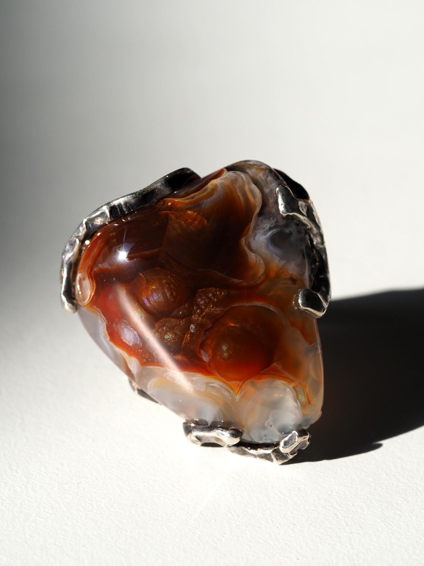 Feuerachat Statement Silber Ring Vintage Style Brauner Edelstein Schmuck Geschenk (Ungeschliffen) im Angebot