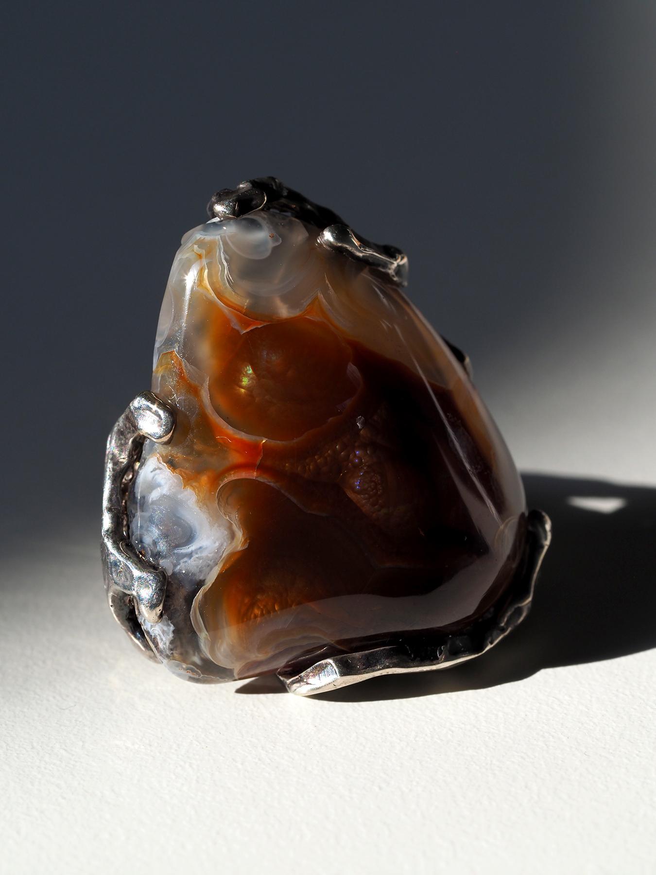 Feuerachat Statement Silber Ring Vintage Style Brauner Edelstein Schmuck Geschenk im Zustand „Neu“ im Angebot in Berlin, DE