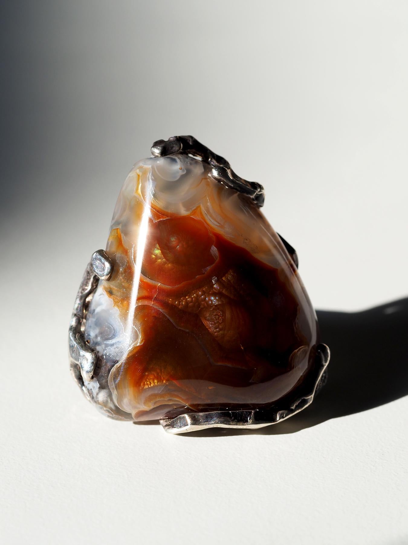 Feuerachat Statement Silber Ring Vintage Style Brauner Edelstein Schmuck Geschenk für Damen oder Herren im Angebot