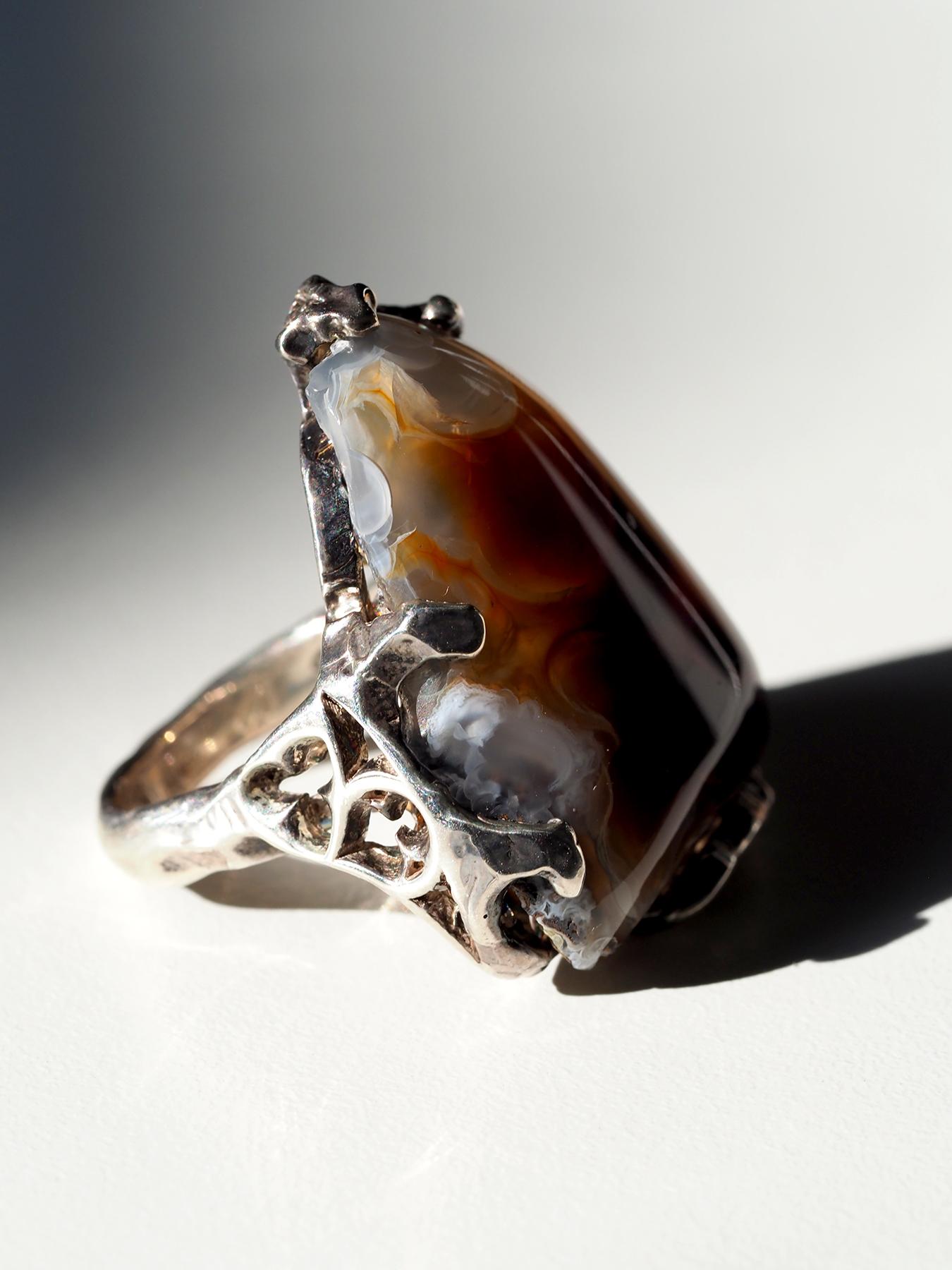 Feuerachat Statement Silber Ring Vintage Style Brauner Edelstein Schmuck Geschenk im Angebot 1