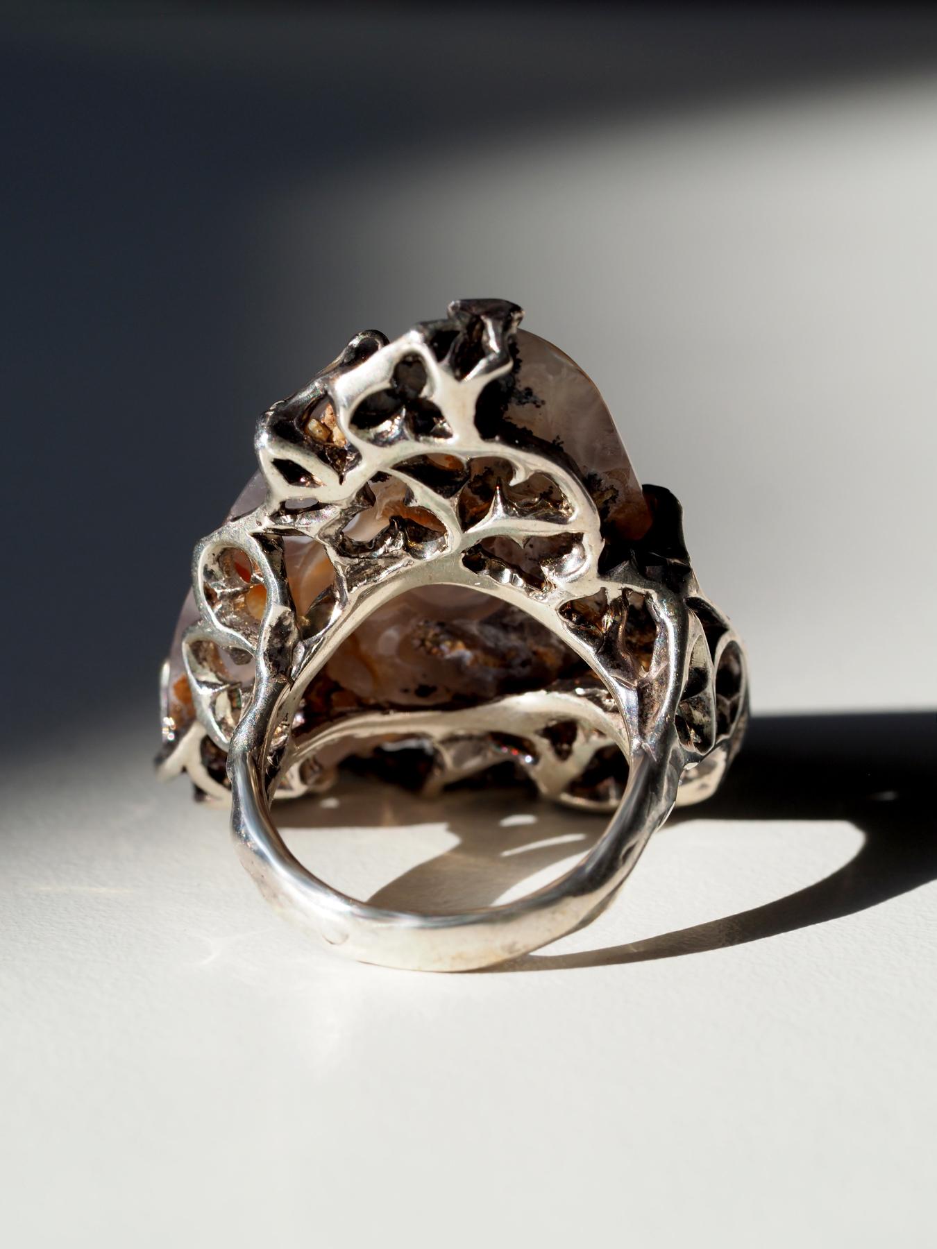 Feuerachat Statement Silber Ring Vintage Style Brauner Edelstein Schmuck Geschenk im Angebot 2