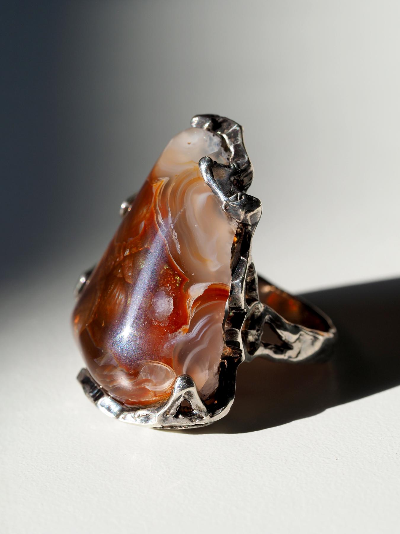 Feuerachat Statement Silber Ring Vintage Style Brauner Edelstein Schmuck Geschenk im Angebot 3