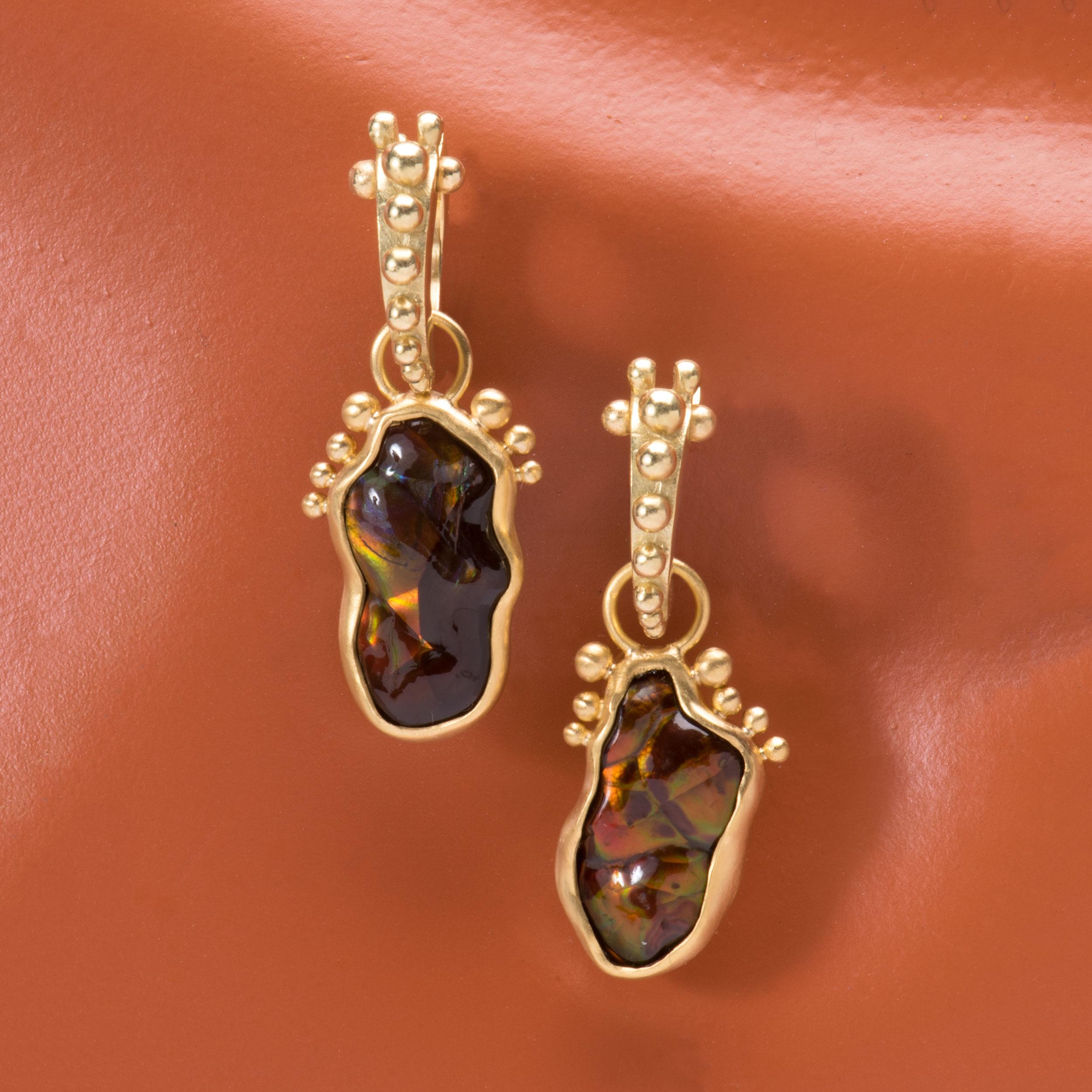Women's or Men's Fire Agate Tip Toe Drop Earrings in 22 Karat Gold For Sale